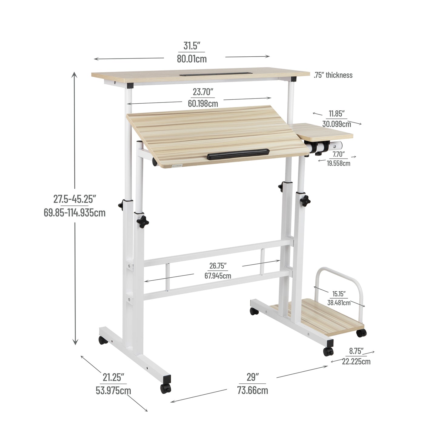 Mind Reader Woodland Collection, Mobile Sit/Stand Desk, Height Adjustable, Lockable Casters, Portable