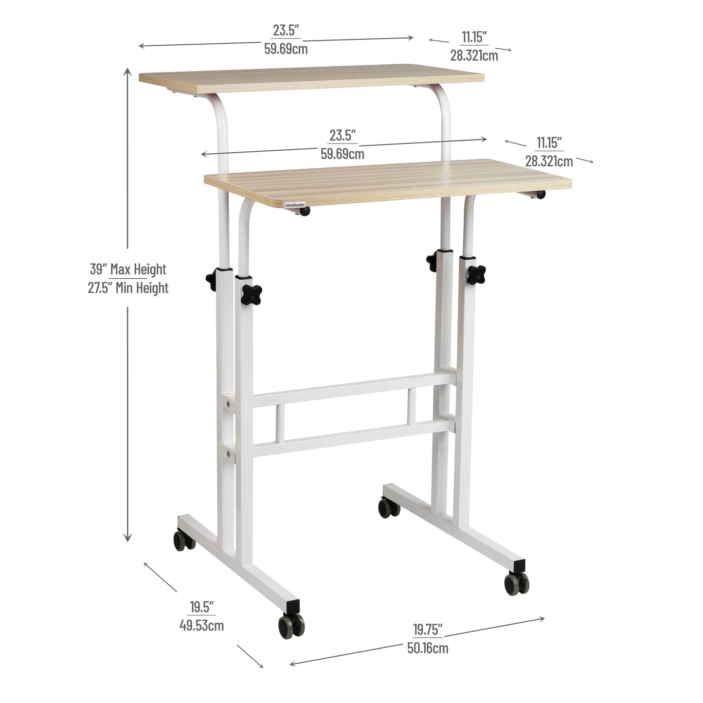 Mind Reader Standing Desk, Adjustable Height Laptop Workstation, Portable Rolling Desk on Wheels, Two-Tier Metal Frame