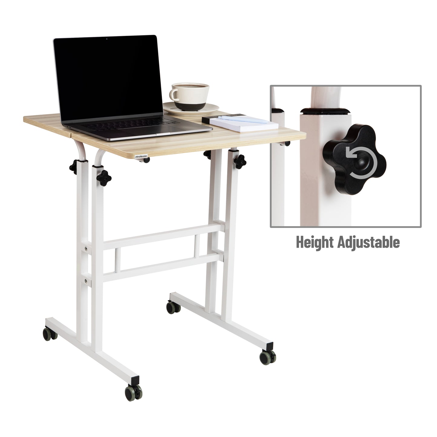 Mind Reader Standing Desk, Adjustable Height Laptop Workstation, Portable Rolling Desk on Wheels, Two-Tier Metal Frame
