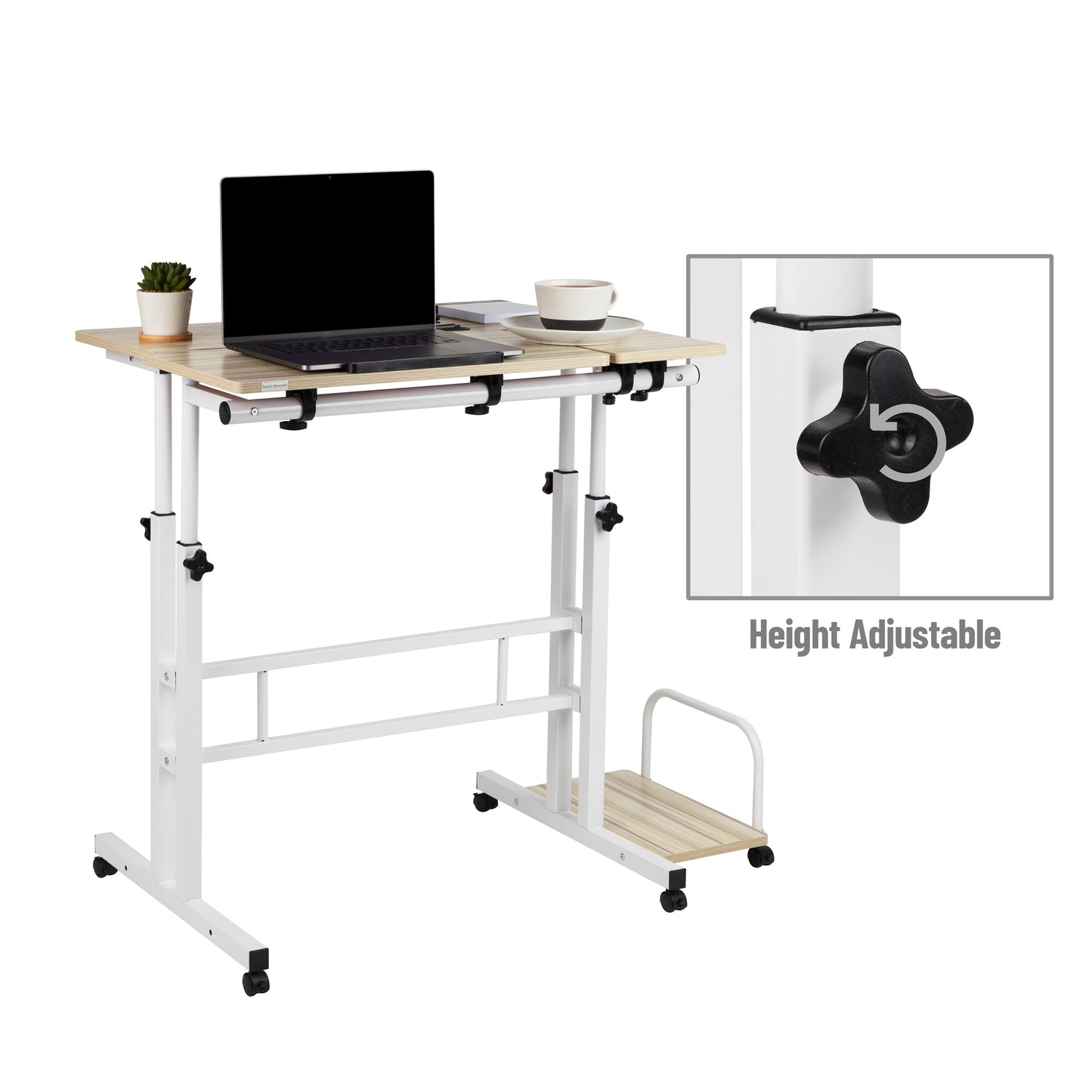 Mind Reader Woodland Collection, Mobile Sit/Stand Desk, Height Adjustable, Lockable Casters, Portable