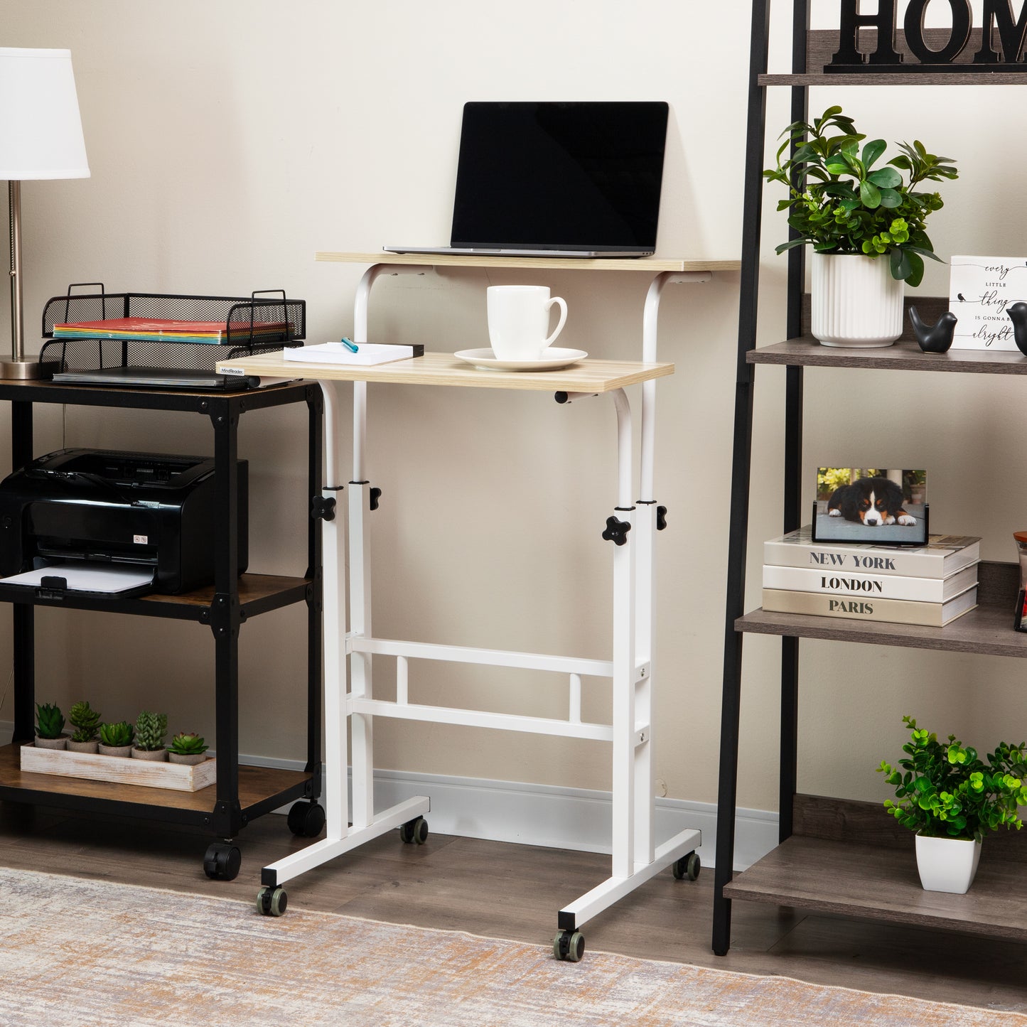 Mind Reader Standing Desk, Adjustable Height Laptop Workstation, Portable Rolling Desk on Wheels, Two-Tier Metal Frame