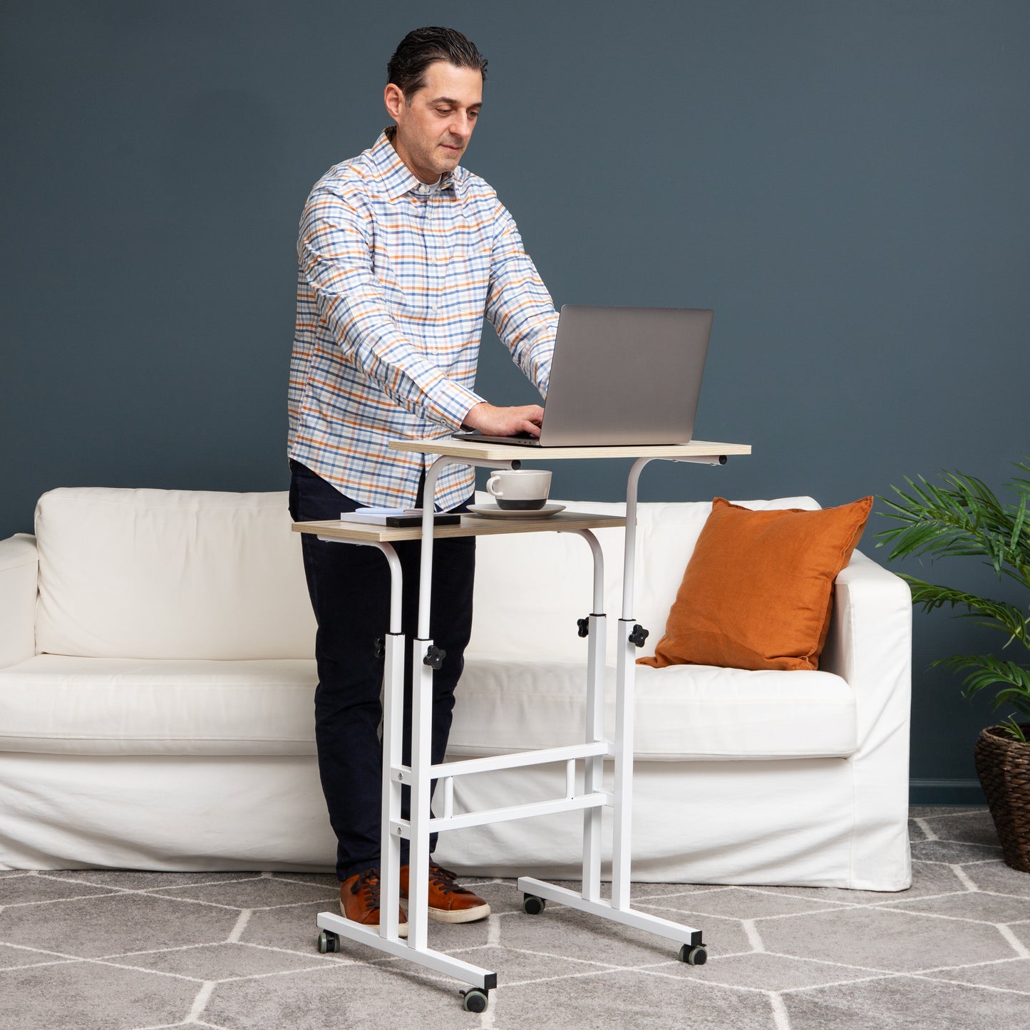 Mind Reader Standing Desk, Adjustable Height Laptop Workstation, Portable Rolling Desk on Wheels, Two-Tier Metal Frame