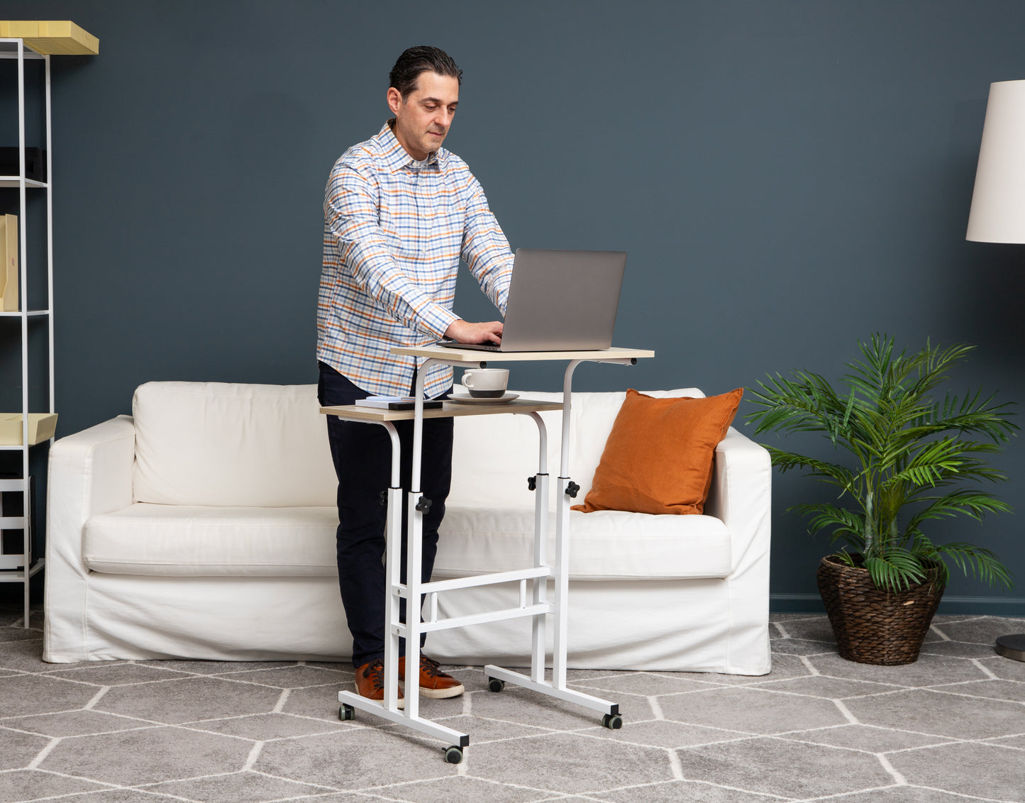 Mind Reader Standing Desk, Adjustable Height Laptop Workstation, Portable Rolling Desk on Wheels, Two-Tier Metal Frame