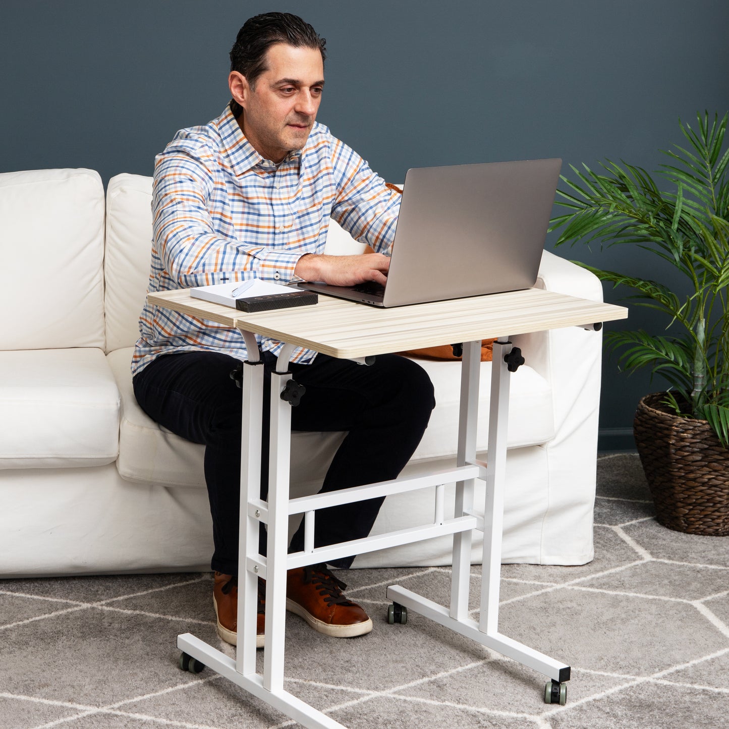 Mind Reader Standing Desk, Adjustable Height Laptop Workstation, Portable Rolling Desk on Wheels, Two-Tier Metal Frame