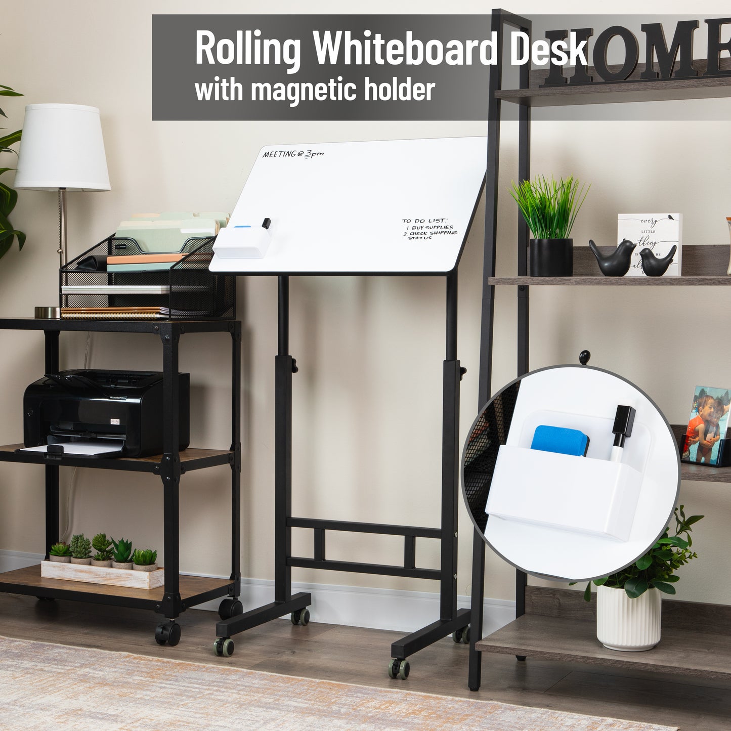 Mind Reader Standing Whiteboard Desk with Adjustable Height, Rolling Laptop Workstation with Magnetic Writing Surface and Accessories, Sit or Stand Portable Workstation, White
