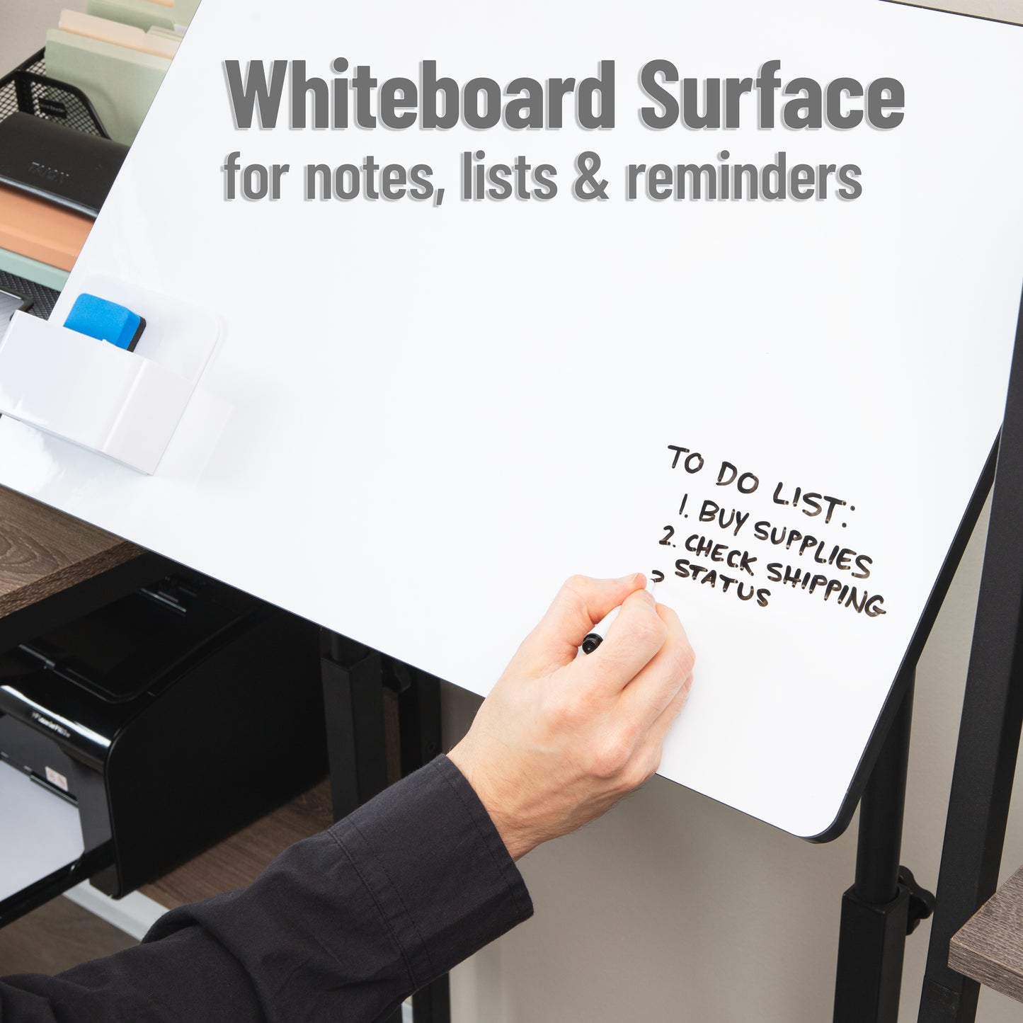 Mind Reader Standing Whiteboard Desk with Adjustable Height, Rolling Laptop Workstation with Magnetic Writing Surface and Accessories, Sit or Stand Portable Workstation, White