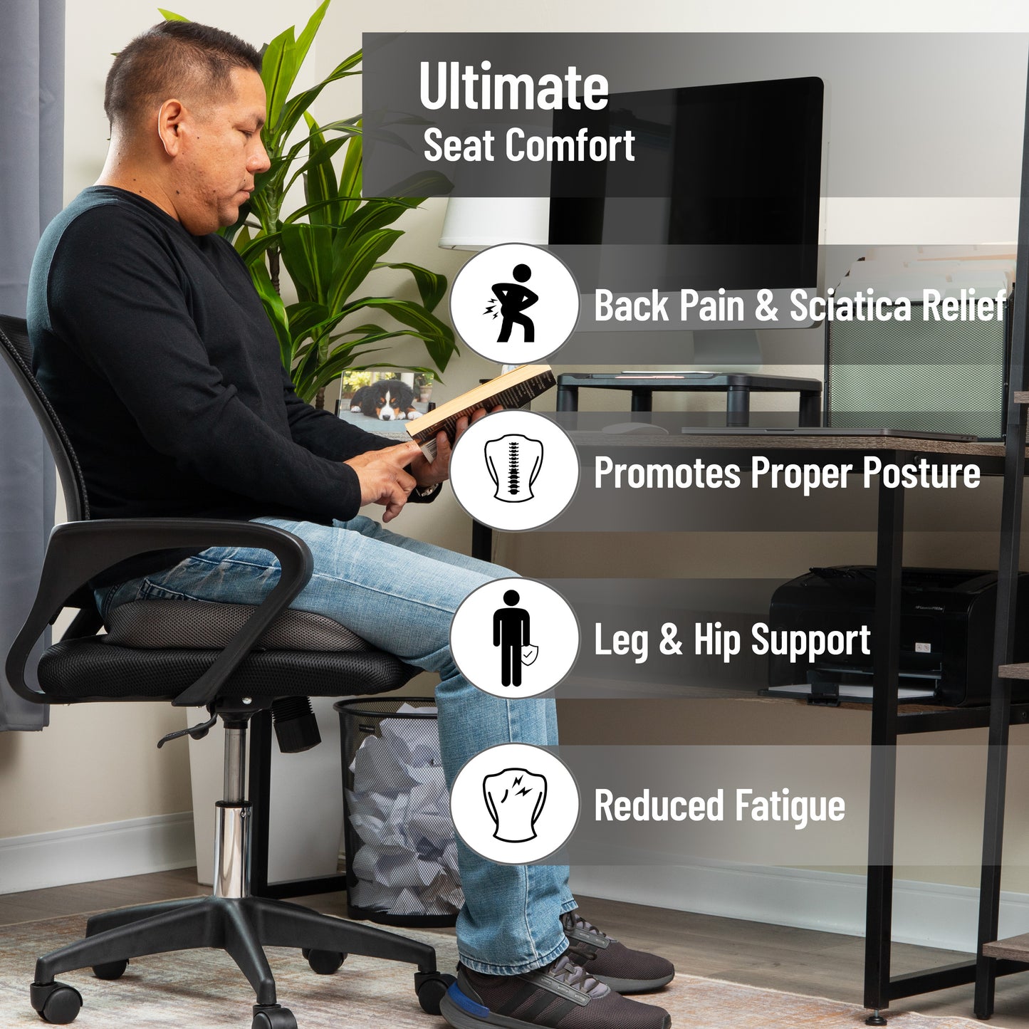Mind Reader Memory Foam Seat Cushion with Air-Cloud Technology, Ergonomic Pressure Relief for Office Chair, Car, or Wheelchair, Sciatica, Coccyx, Tailbone & Hip Pain Support, Office, Memory Foam, 18"L x 13.5"W x 2.75"H