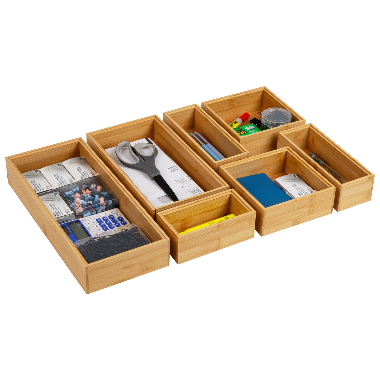Mind Reader 7-Piece Bamboo Drawer Organizer Set, Storage Trays for Kitchen, Bathroom, Office, Makeup, Jewelry & More, Junk Drawer Tray, Utensil Holder, Rayon from Bamboo, Brown