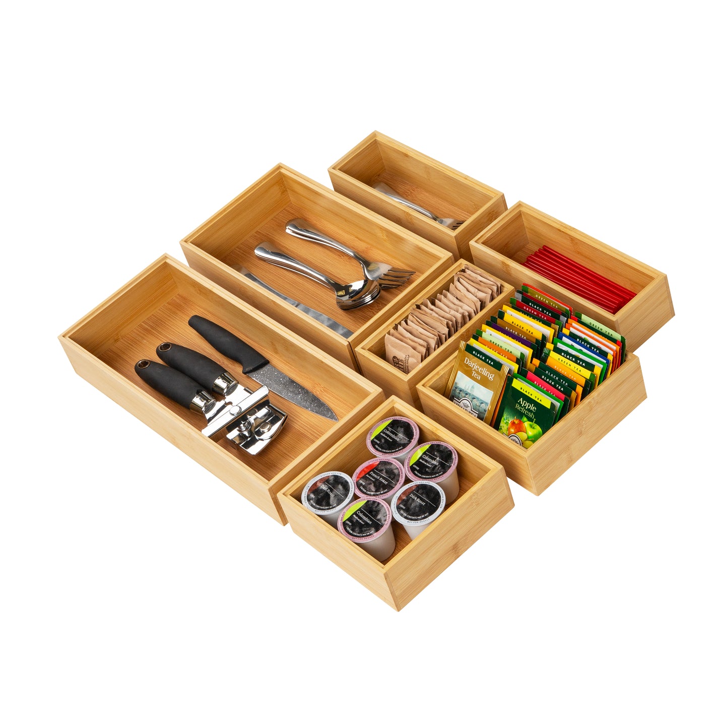 Mind Reader 7-Piece Bamboo Drawer Organizer Set, Storage Trays for Kitchen, Bathroom, Office, Makeup, Jewelry & More, Junk Drawer Tray, Utensil Holder, Rayon from Bamboo, Brown