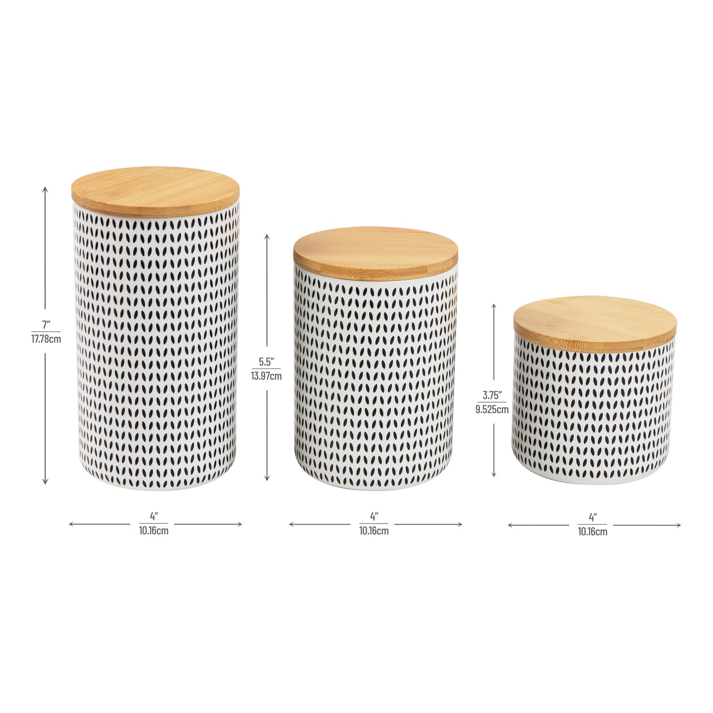 Mind Reader 3-Piece Canister Set, Small 14oz., Medium 24oz., and Large 23oz. Capacity, with Wooden Lids, Kitchen Storage, Countertop Organizer, Space Saver, Black and White
