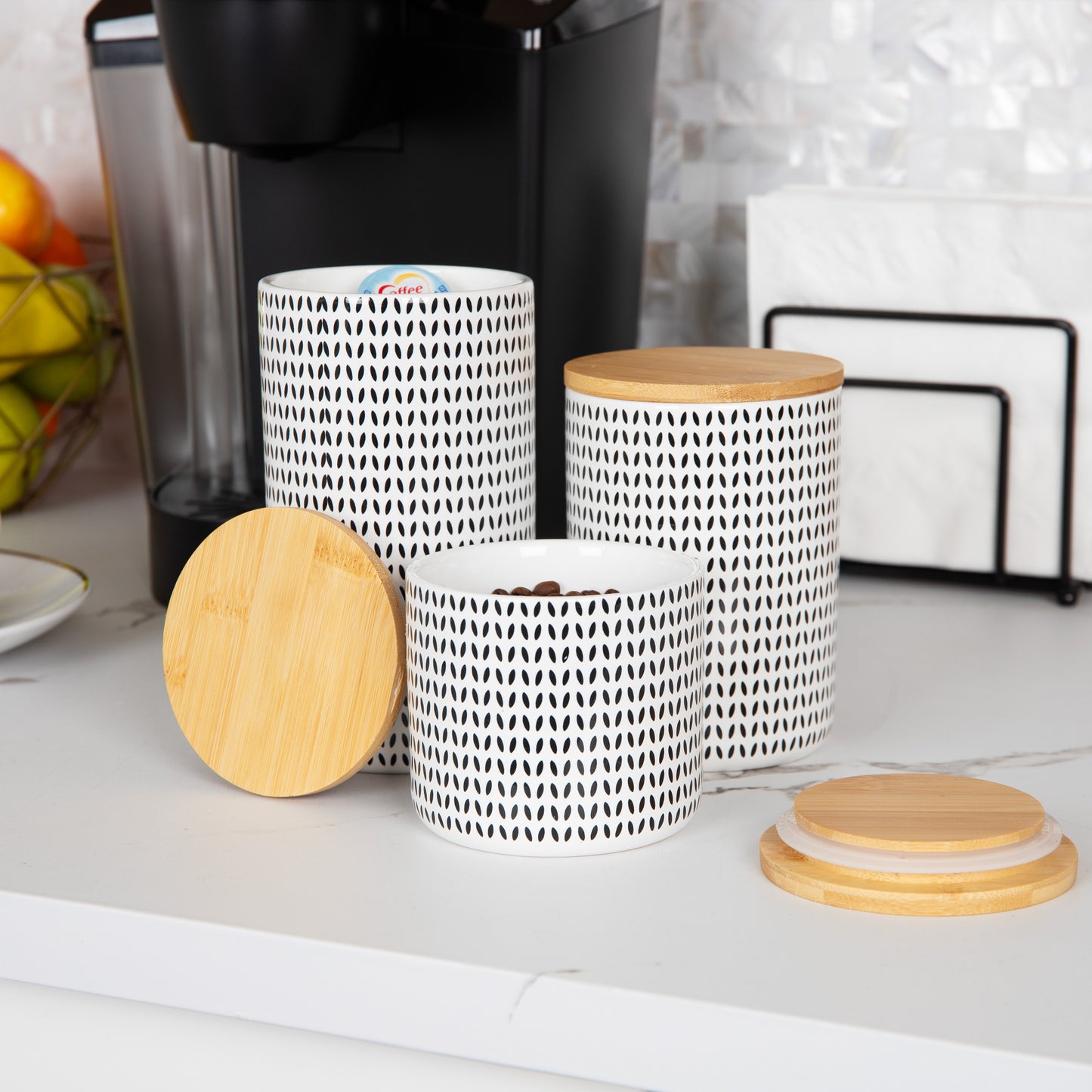 Mind Reader 3-Piece Canister Set, Small 14oz., Medium 24oz., and Large 23oz. Capacity, with Wooden Lids, Kitchen Storage, Countertop Organizer, Space Saver, Black and White