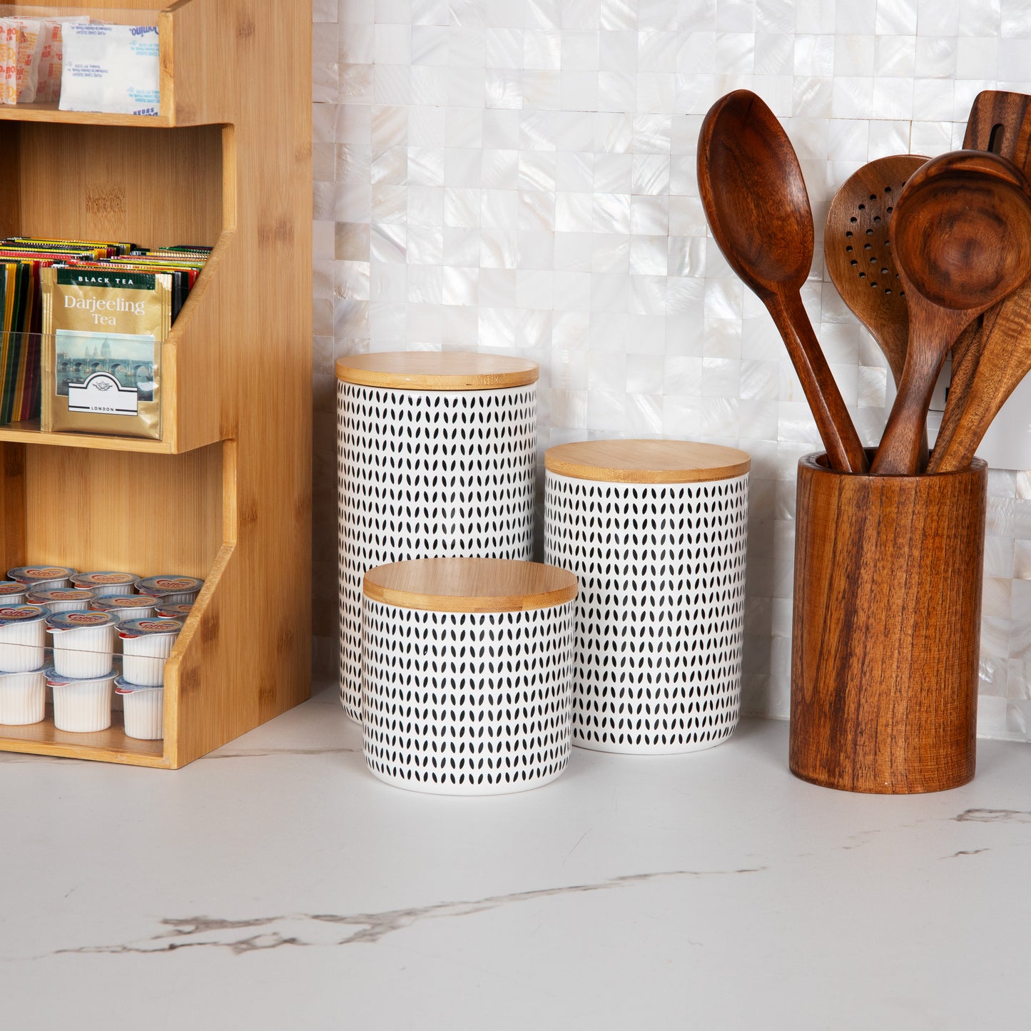 Mind Reader 3-Piece Canister Set, Small 14oz., Medium 24oz., and Large 23oz. Capacity, with Wooden Lids, Kitchen Storage, Countertop Organizer, Space Saver, Black and White