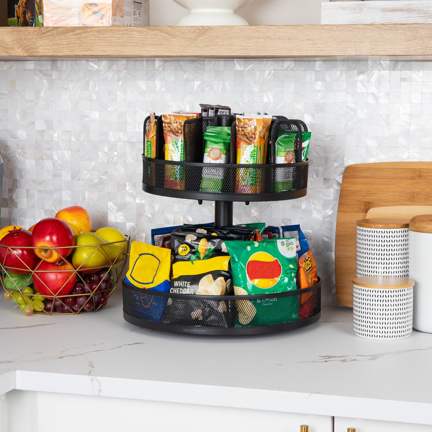 Mind Reader Network Collection, 2-Tier Granola Bar and Snack Carousel, Lazy Susan, Countertop Organizer, Breakroom, Metal Mesh, Black