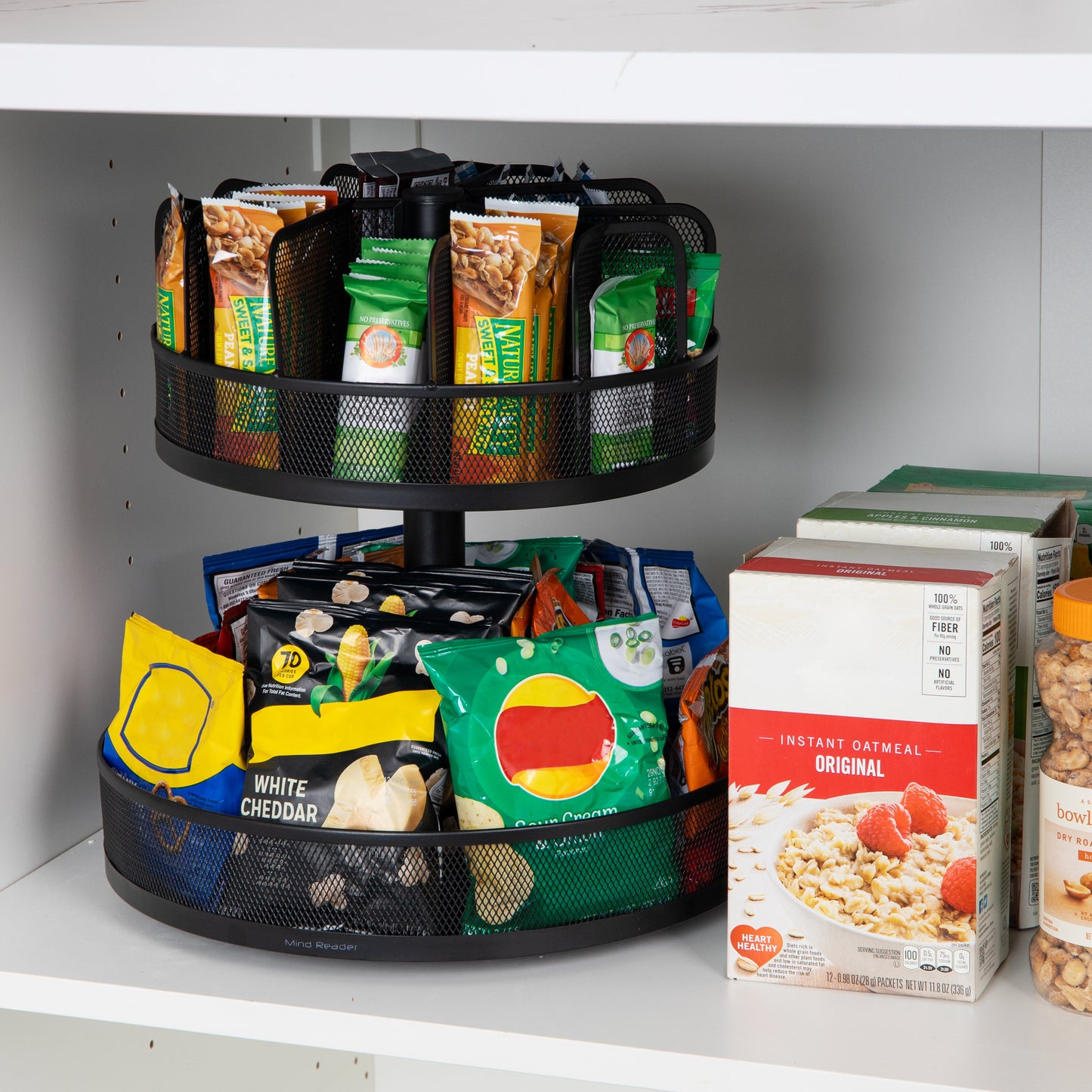 Mind Reader Network Collection, 2-Tier Granola Bar and Snack Carousel, Lazy Susan, Countertop Organizer, Breakroom, Metal Mesh, Black