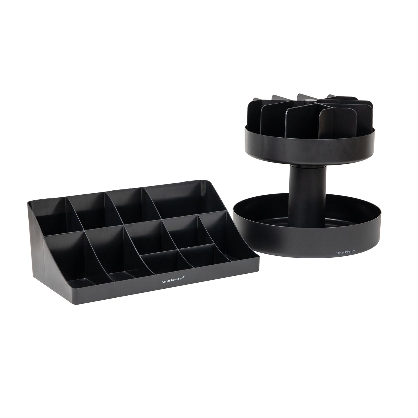 Mind Reader Anchor Collection, 11-Compartment, 2-Tier Coffee Cup and Condiment Storage and 2-Tier Lazy Susan Granola Bar and Snack Storage, Countertop Organizer Set, 14.25"L x 14.25"W x 14"H, Black