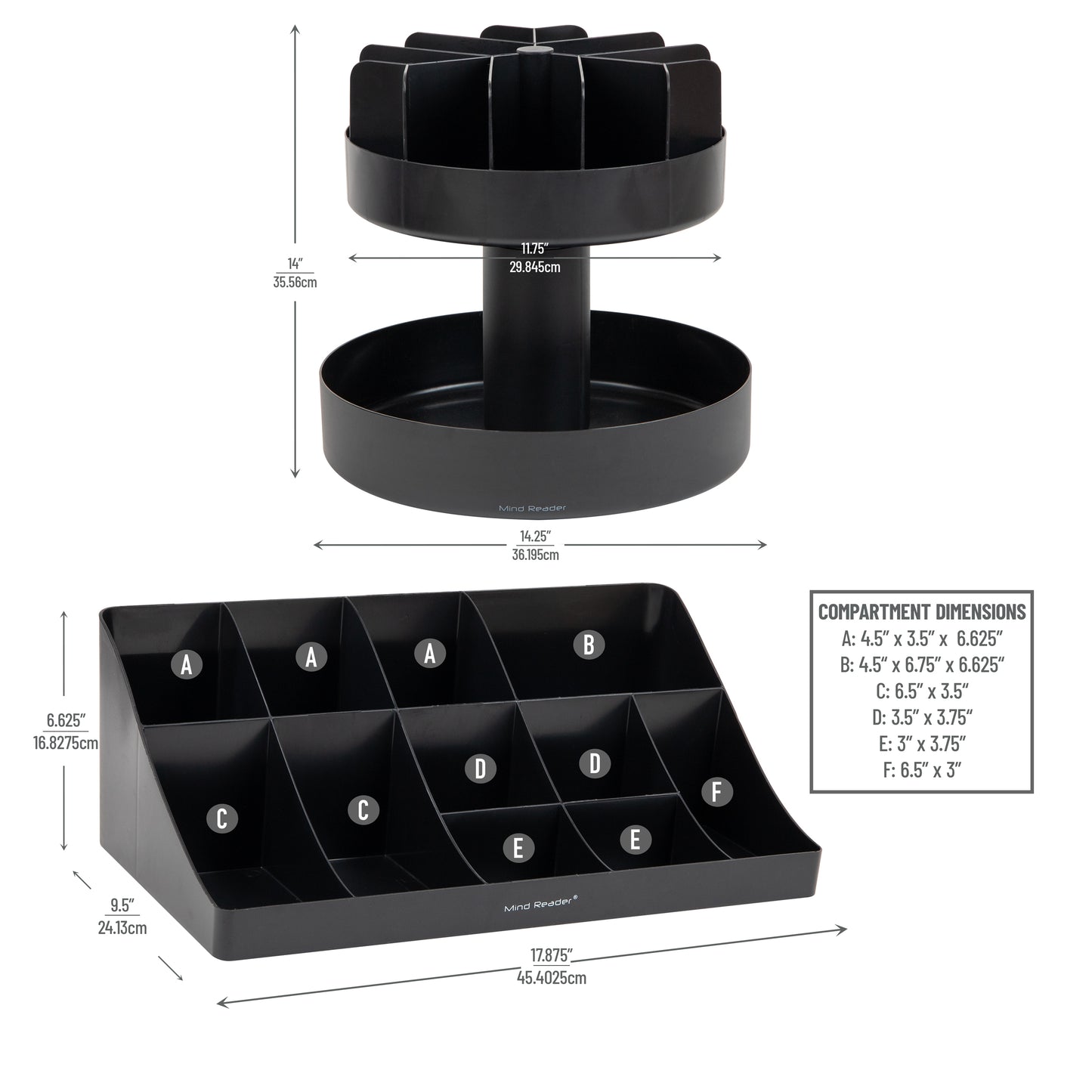 Mind Reader Anchor Collection, 11-Compartment, 2-Tier Coffee Cup and Condiment Storage and 2-Tier Lazy Susan Granola Bar and Snack Storage, Countertop Organizer Set, 14.25"L x 14.25"W x 14"H, Black