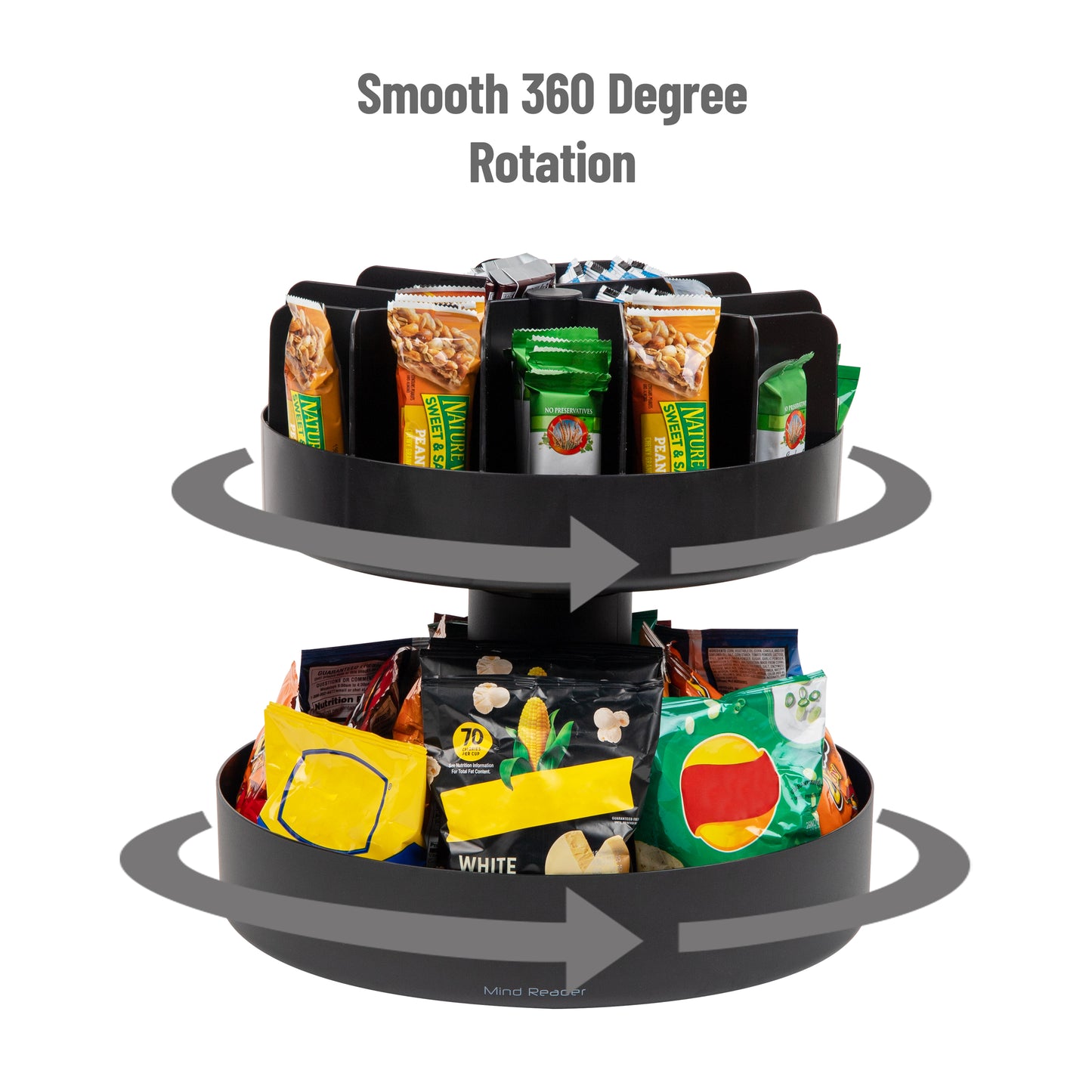 Mind Reader Anchor Collection, 11-Compartment, 2-Tier Coffee Cup and Condiment Storage and 2-Tier Lazy Susan Granola Bar and Snack Storage, Countertop Organizer Set, 14.25"L x 14.25"W x 14"H, Black