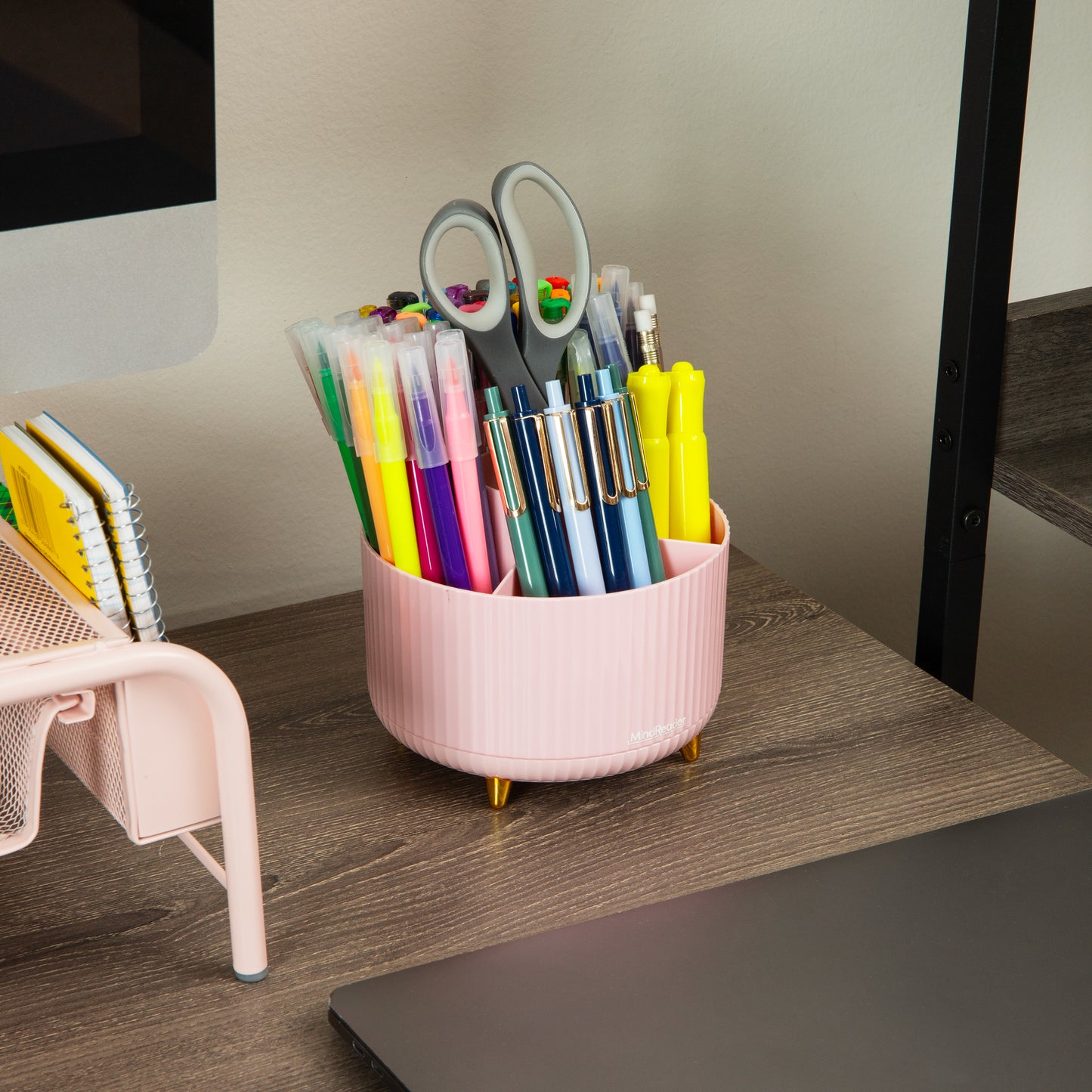 Mind Reader Rotating Pen Cup, 5-Compartment Accessory Holder for Desk Supplies, Desktop Organizer, Plastic, 5.75"L x 5.75"W x 4.75"H
