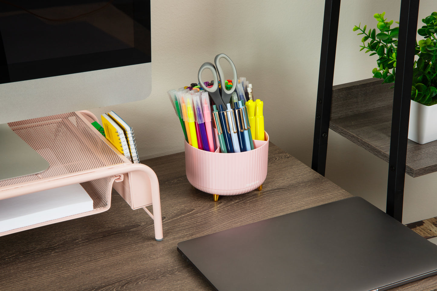 Mind Reader Rotating Pen Cup, 5-Compartment Accessory Holder for Desk Supplies, Desktop Organizer, Plastic, 5.75"L x 5.75"W x 4.75"H
