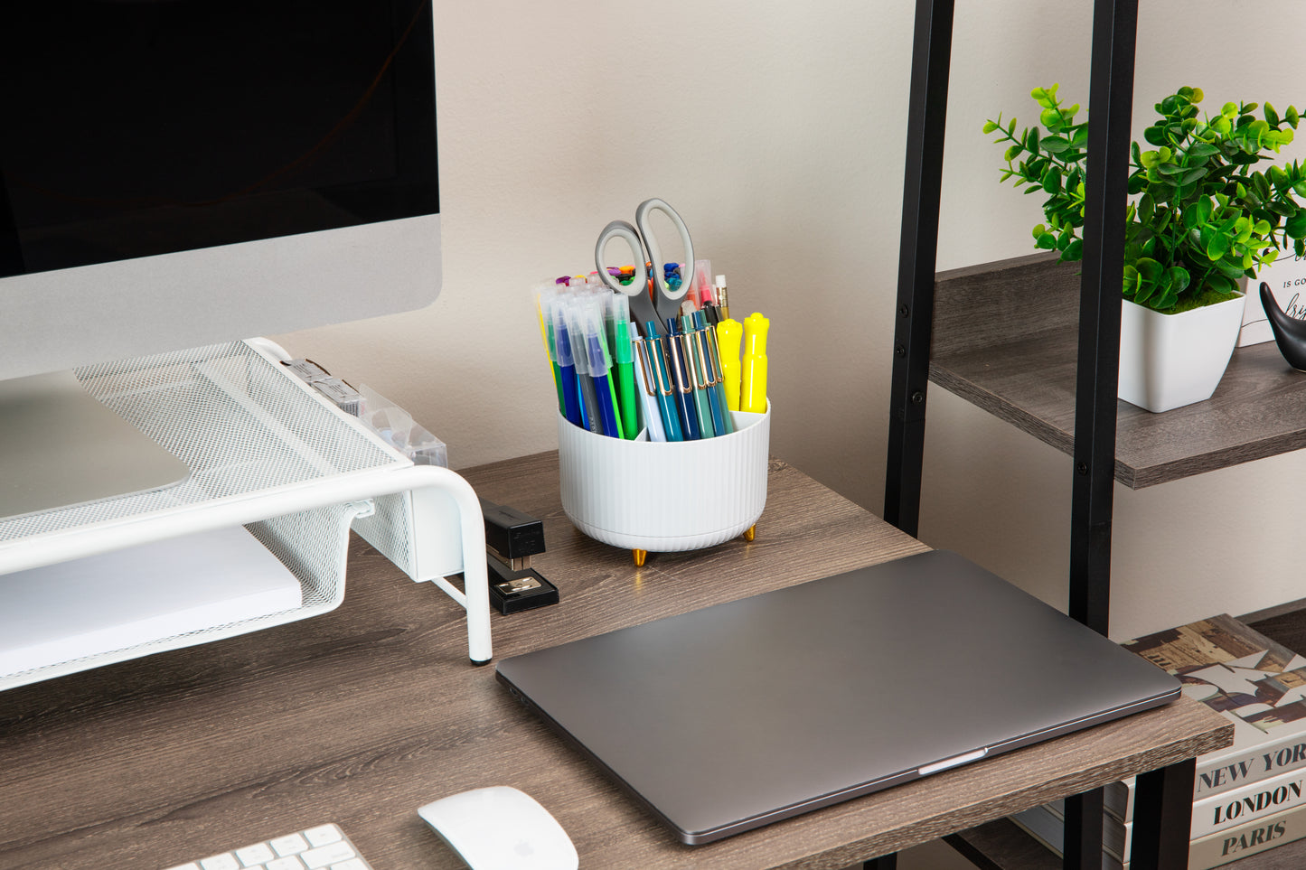 Mind Reader Rotating Pen Cup, 5-Compartment Accessory Holder for Desk Supplies, Desktop Organizer, Plastic, 5.75"L x 5.75"W x 4.75"H