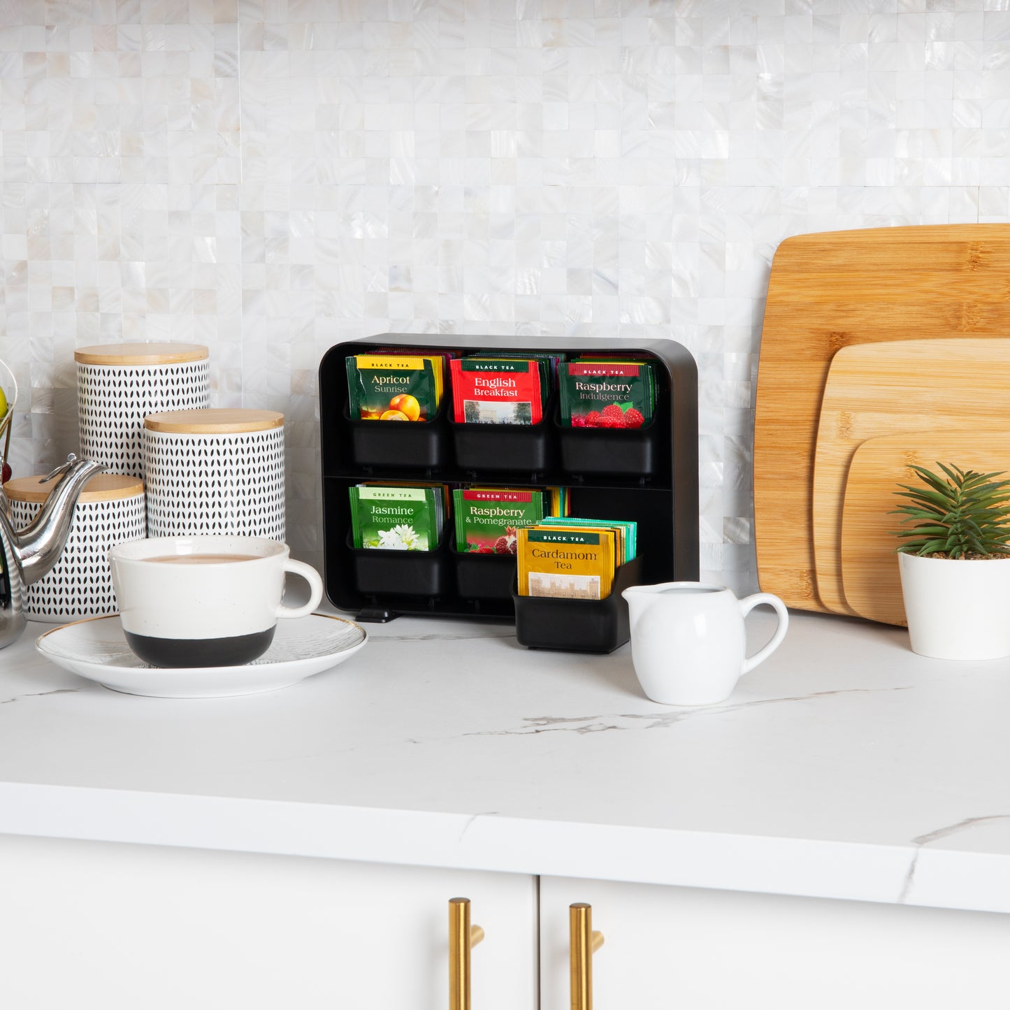 Mind Reader Tea Bag Organizer, Tea Station Organizer, Countertop Storage, Kitchen, Plastic, 10.25"L x 3.25"W x 7.75"H, Black