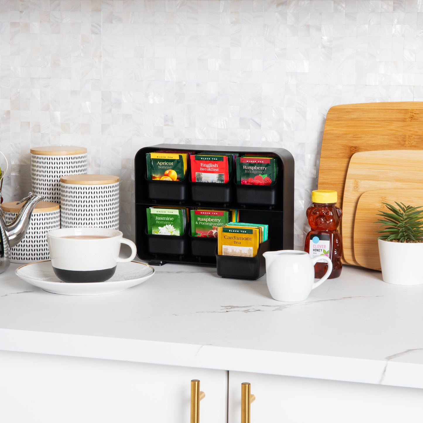 Mind Reader Tea Bag Organizer, Tea Station Organizer, Countertop Storage, Kitchen, Plastic, 10.25"L x 3.25"W x 7.75"H, Black