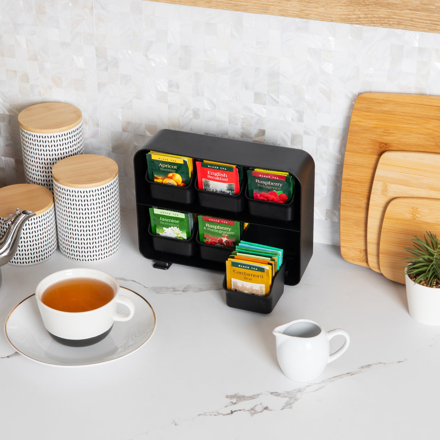 Mind Reader Tea Bag Organizer, Tea Station Organizer, Countertop Storage, Kitchen, Plastic, 10.25"L x 3.25"W x 7.75"H, Black