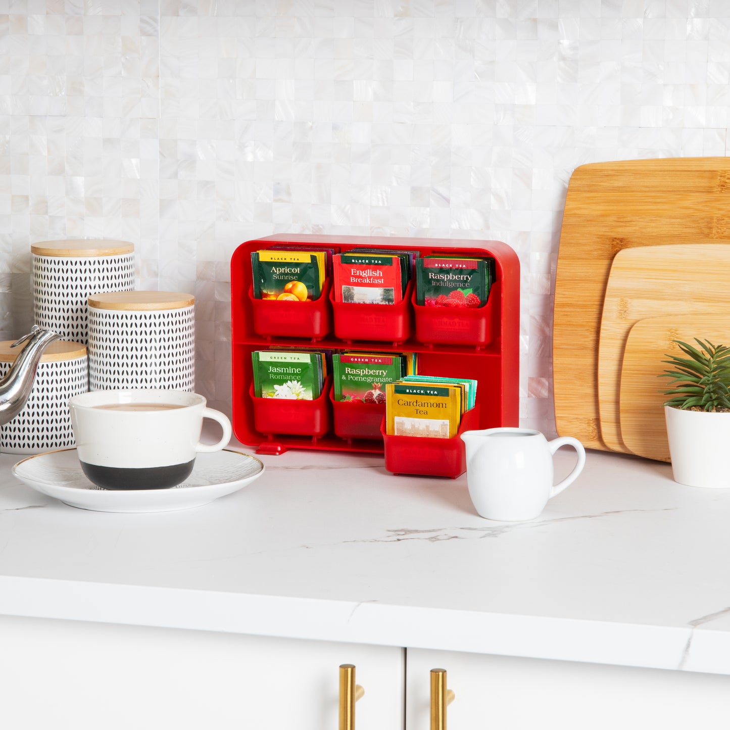 Mind Reader Tea Bag Organizer, Tea Station Organizer, Countertop Storage, Kitchen, Plastic, 10.25"L x 3.25"W x 7.75"H, Black