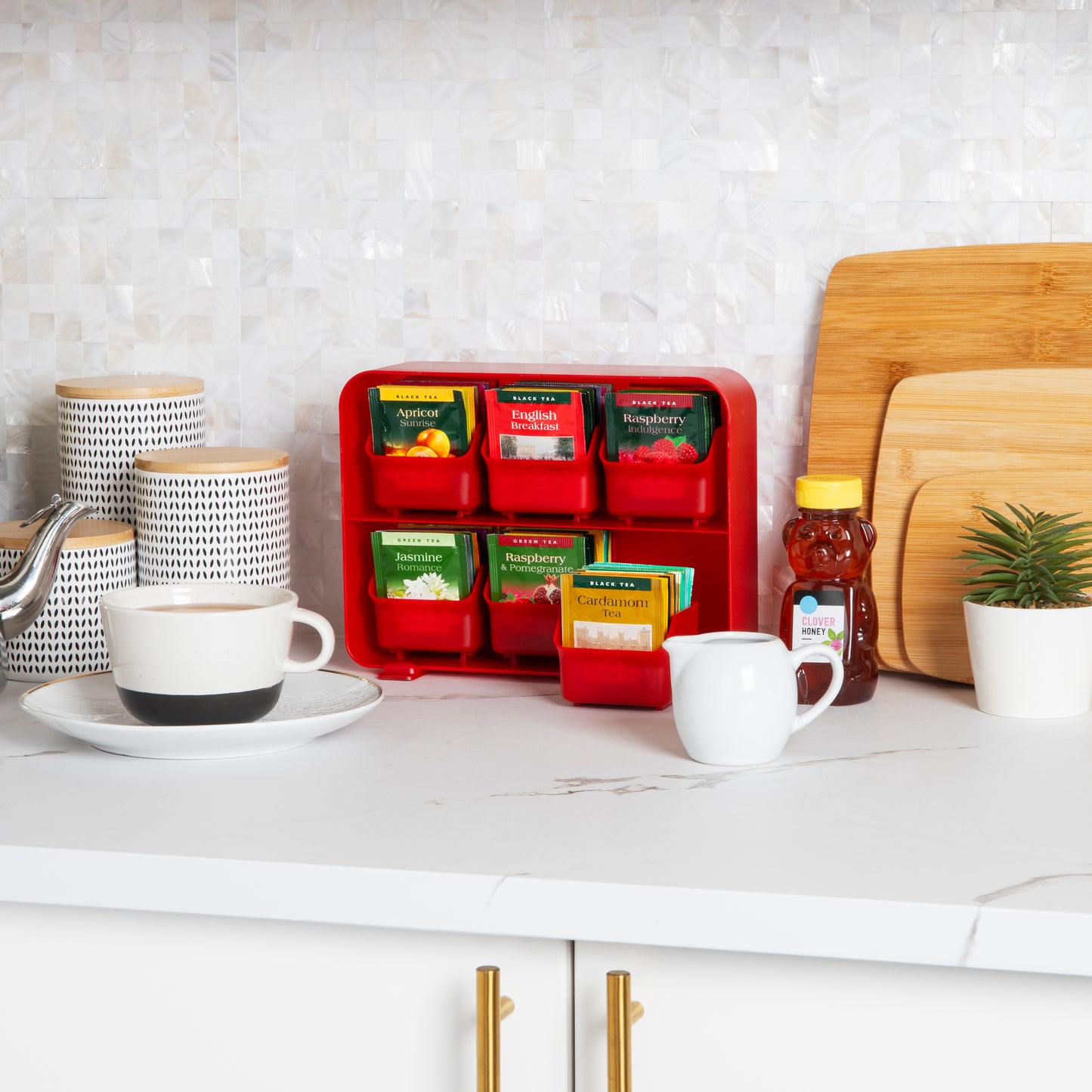 Mind Reader Tea Bag Organizer, Tea Station Organizer, Countertop Storage, Kitchen, Plastic, 10.25"L x 3.25"W x 7.75"H, Black