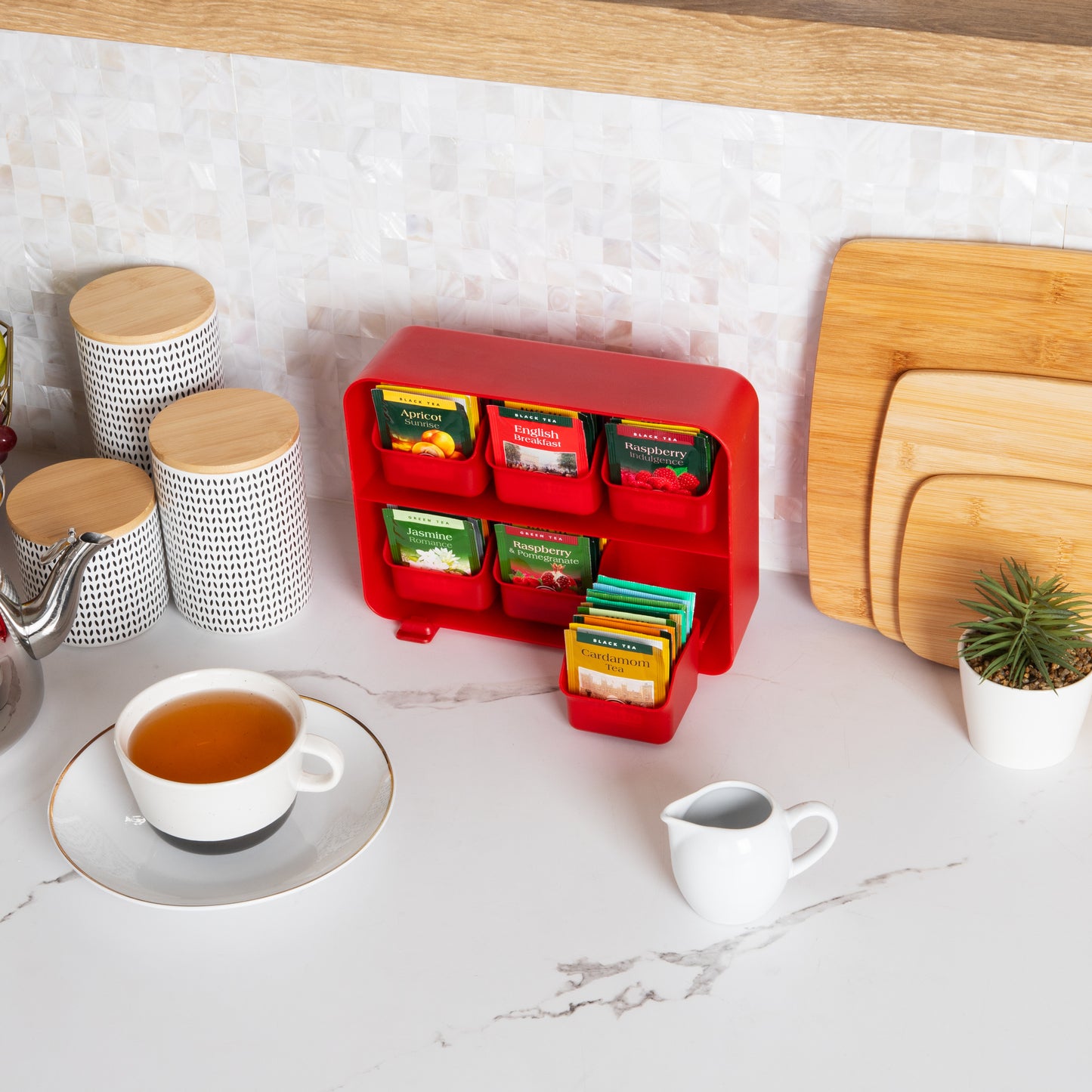 Mind Reader Tea Bag Organizer, Tea Station Organizer, Countertop Storage, Kitchen, Plastic, 10.25"L x 3.25"W x 7.75"H, Black