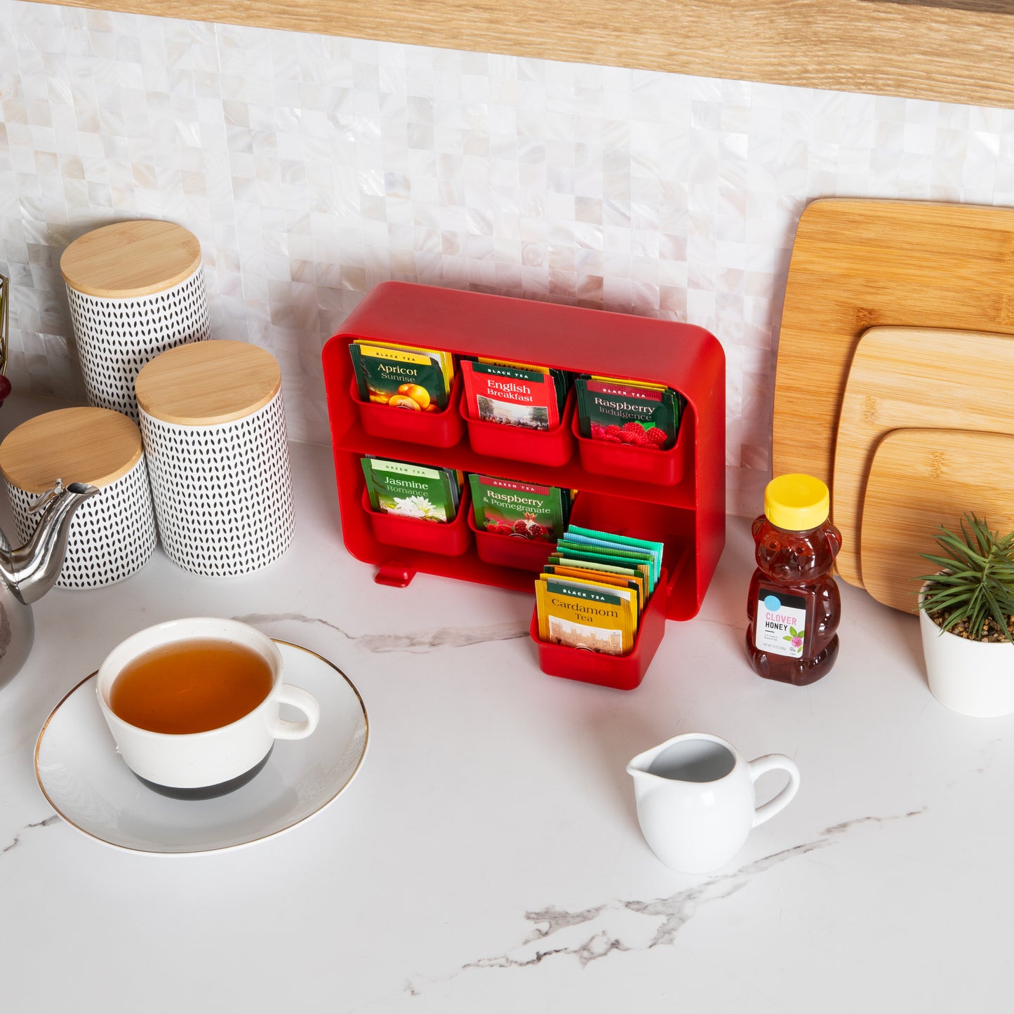 Mind Reader Tea Bag Organizer, Tea Station Organizer, Countertop Storage, Kitchen, Plastic, 10.25"L x 3.25"W x 7.75"H, Black