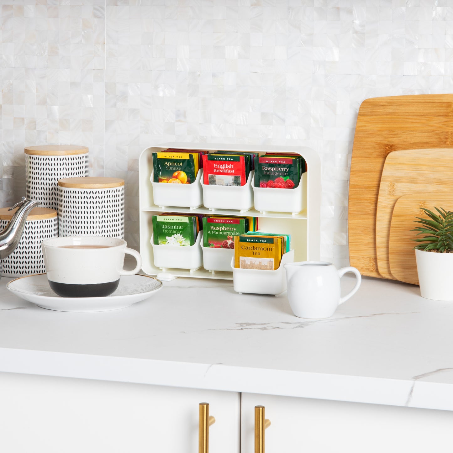 Mind Reader Tea Bag Organizer, Tea Station Organizer, Countertop Storage, Kitchen, Plastic, 10.25"L x 3.25"W x 7.75"H, Black