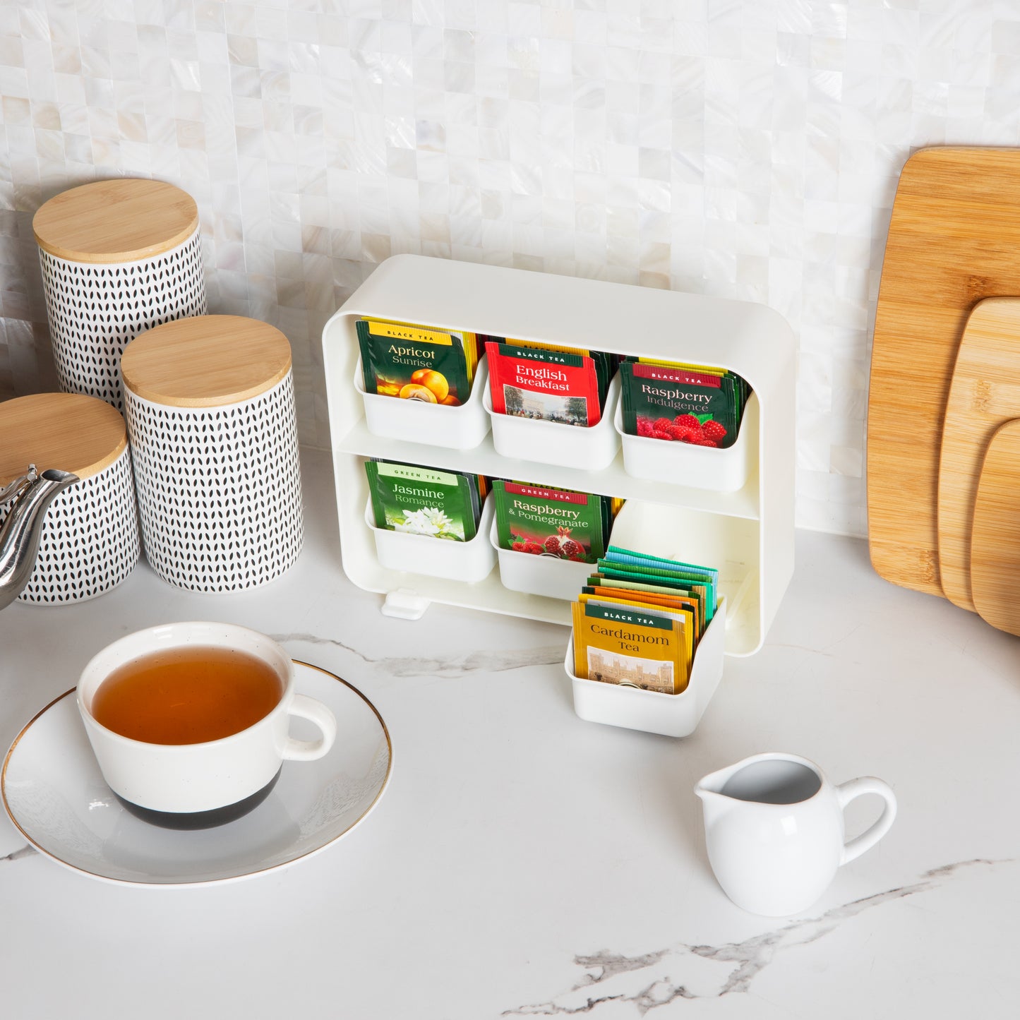 Mind Reader Tea Bag Organizer, Tea Station Organizer, Countertop Storage, Kitchen, Plastic, 10.25"L x 3.25"W x 7.75"H, Black