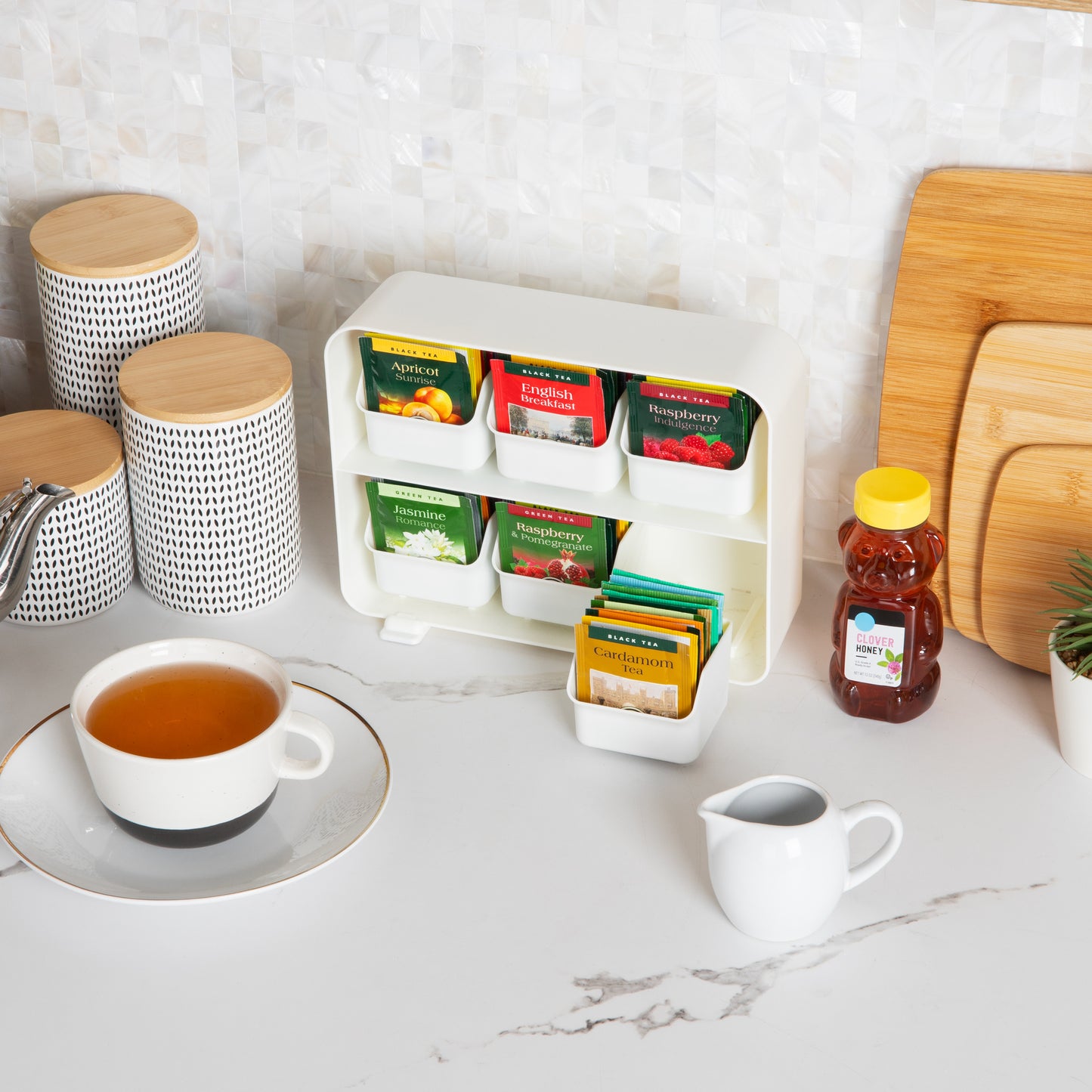 Mind Reader Tea Bag Organizer, Tea Station Organizer, Countertop Storage, Kitchen, Plastic, 10.25"L x 3.25"W x 7.75"H, Black