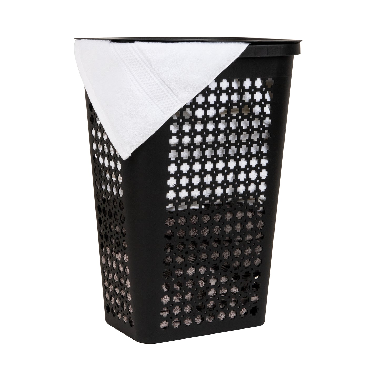 Mind Reader Slim Tapered Laundry Hamper with Lid, 50L Plastic Clothes Basket with Swiss Cross Cut-Outs, Lightweight & Ventilated Laundry Bin with Handles