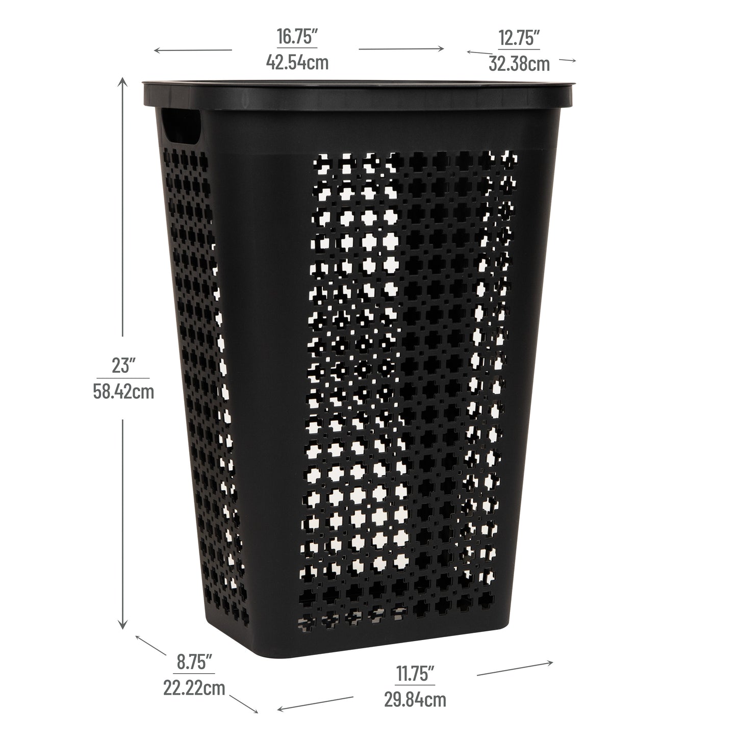 Mind Reader Slim Tapered Laundry Hamper with Lid, 50L Plastic Clothes Basket with Swiss Cross Cut-Outs, Lightweight & Ventilated Laundry Bin with Handles