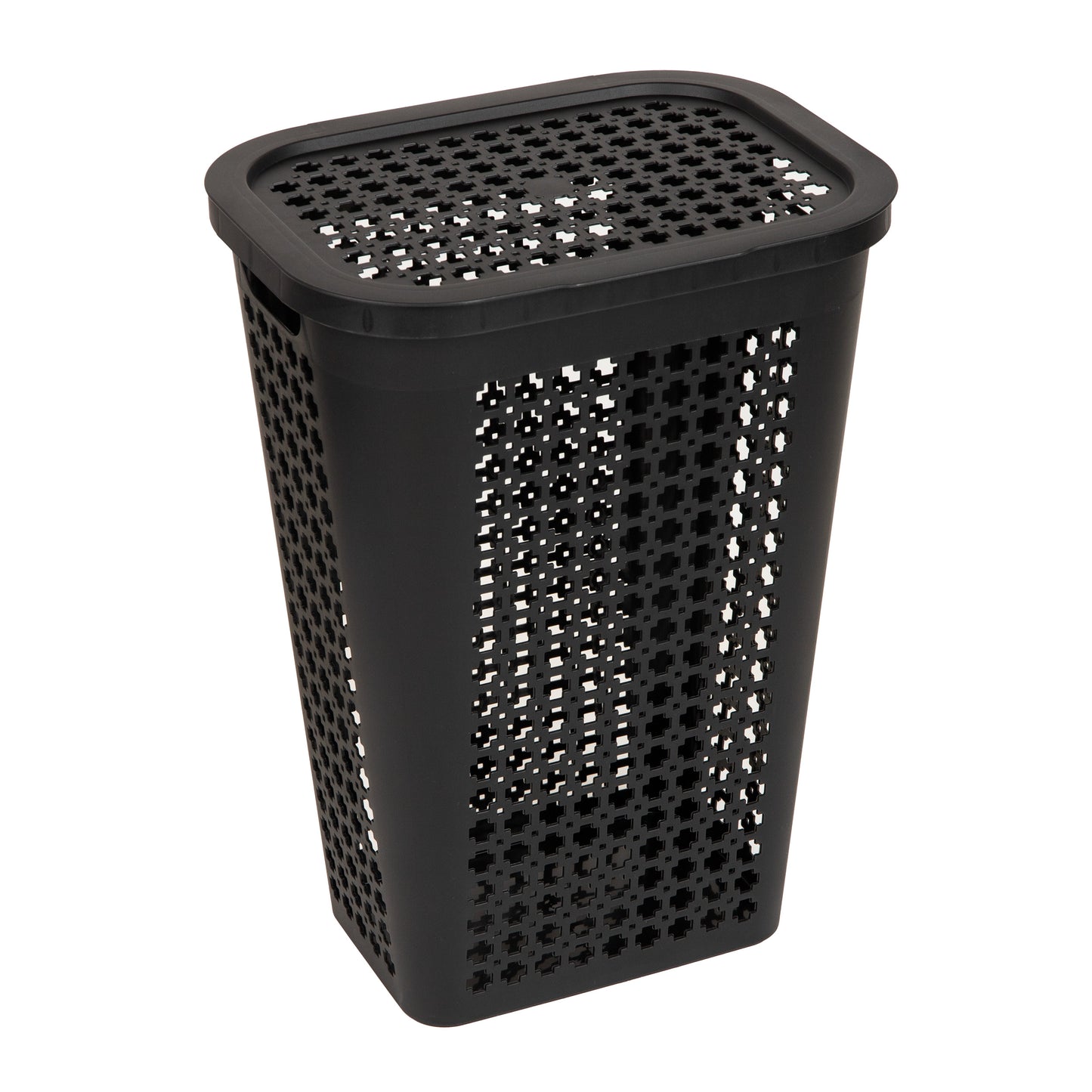 Mind Reader Slim Tapered Laundry Hamper with Lid, 50L Plastic Clothes Basket with Swiss Cross Cut-Outs, Lightweight & Ventilated Laundry Bin with Handles