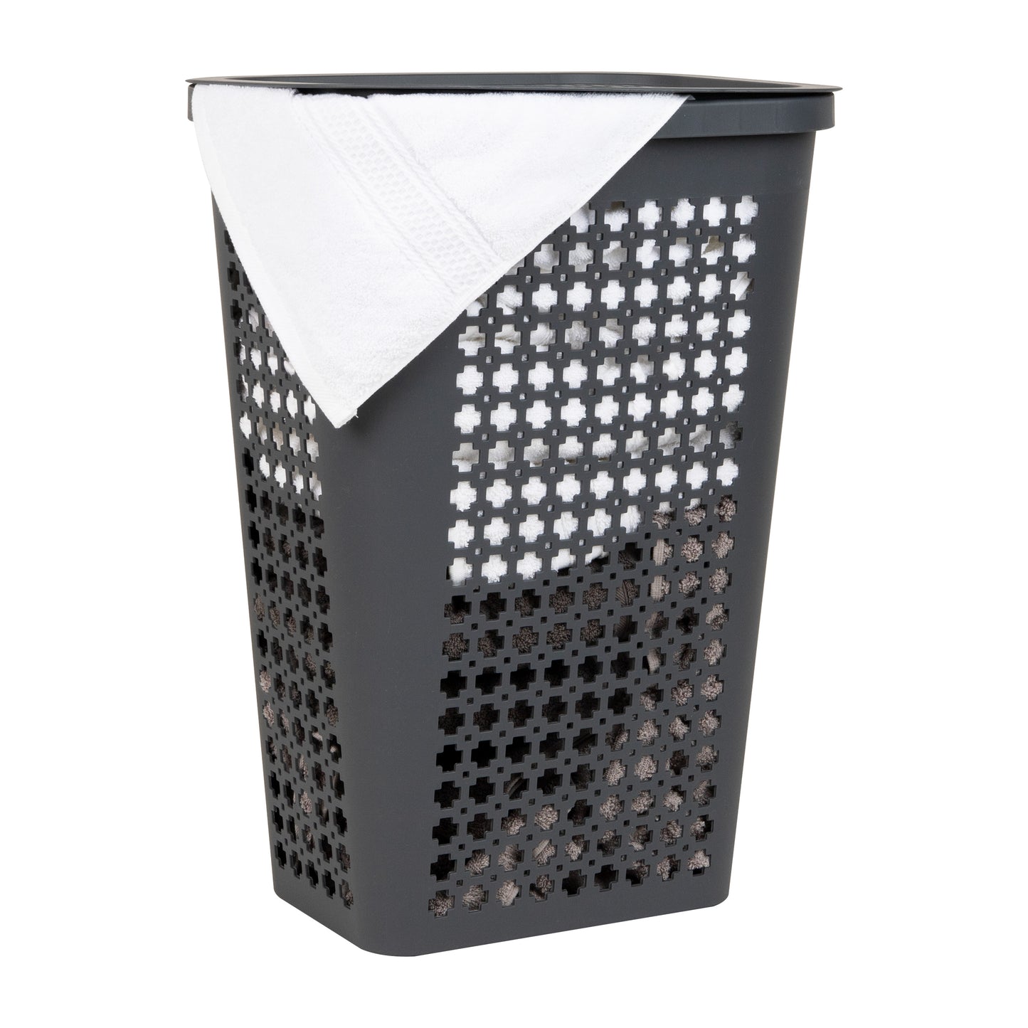 Mind Reader Slim Tapered Laundry Hamper with Lid, 50L Plastic Clothes Basket with Swiss Cross Cut-Outs, Lightweight & Ventilated Laundry Bin with Handles