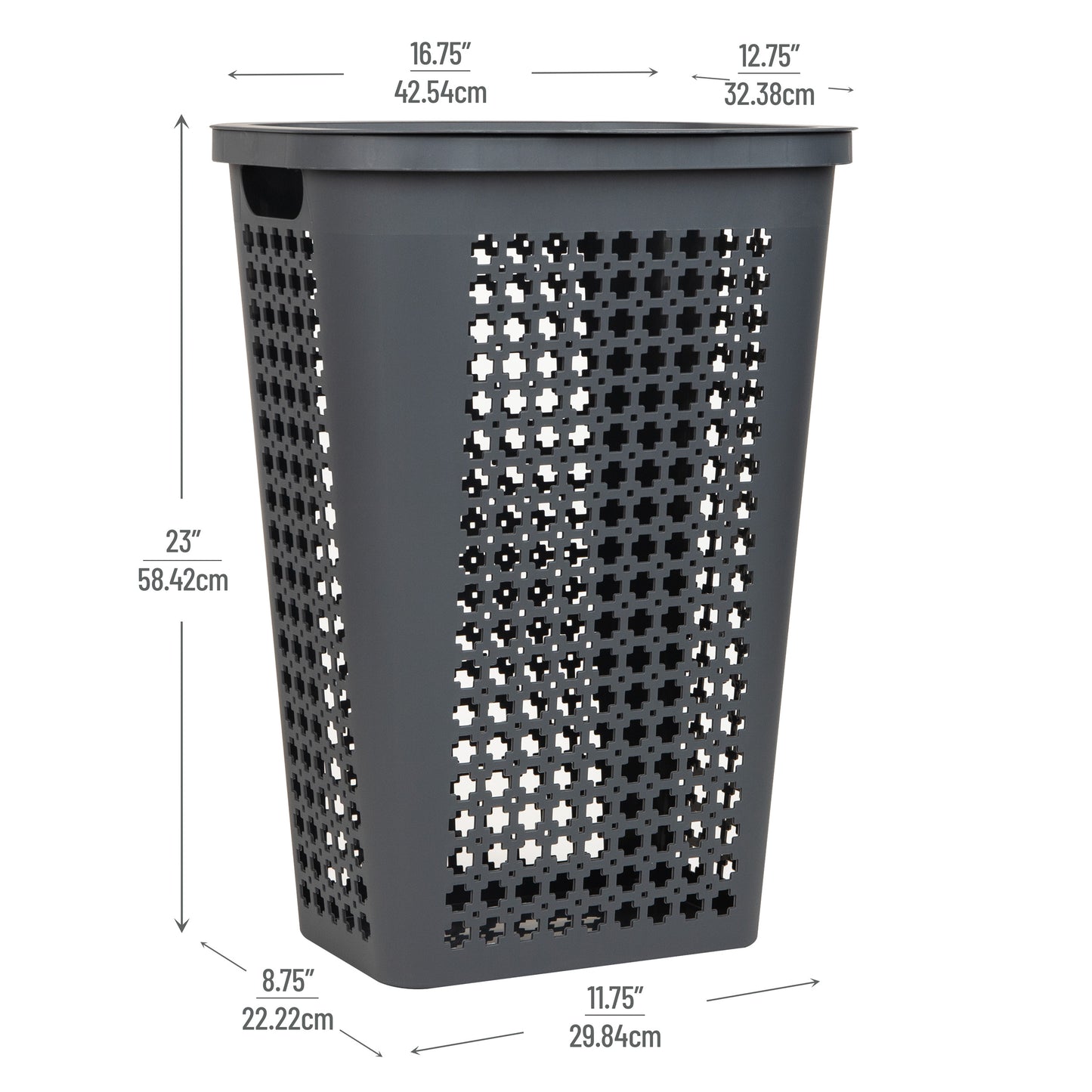 Mind Reader Slim Tapered Laundry Hamper with Lid, 50L Plastic Clothes Basket with Swiss Cross Cut-Outs, Lightweight & Ventilated Laundry Bin with Handles