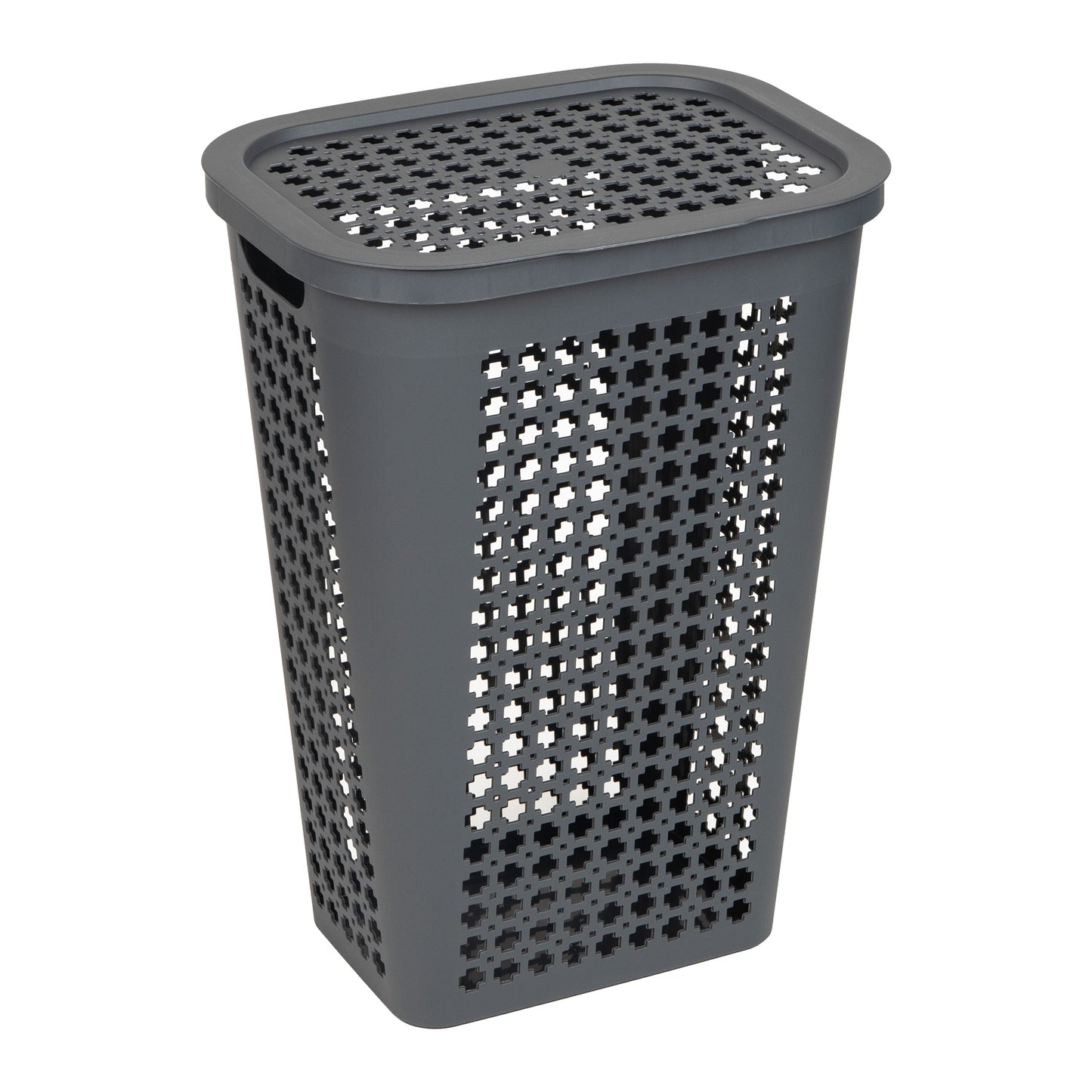Mind Reader Slim Tapered Laundry Hamper with Lid, 50L Plastic Clothes Basket with Swiss Cross Cut-Outs, Lightweight & Ventilated Laundry Bin with Handles