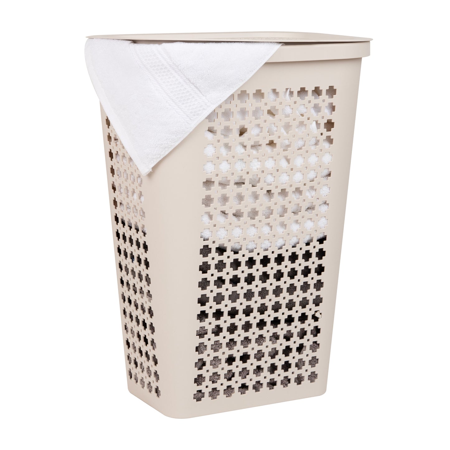 Mind Reader Slim Tapered Laundry Hamper with Lid, 50L Plastic Clothes Basket with Swiss Cross Cut-Outs, Lightweight & Ventilated Laundry Bin with Handles