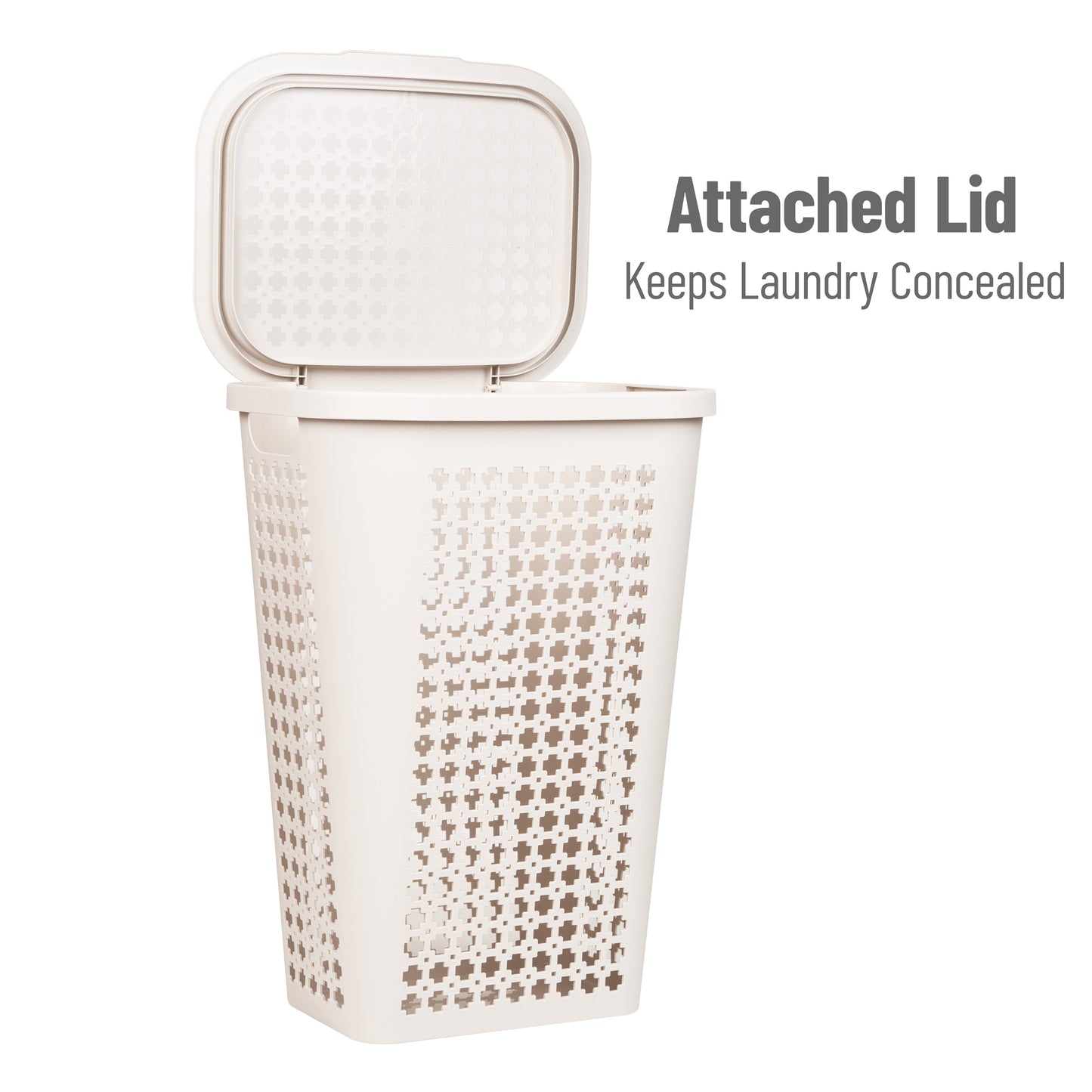 Mind Reader Slim Tapered Laundry Hamper with Lid, 50L Plastic Clothes Basket with Swiss Cross Cut-Outs, Lightweight & Ventilated Laundry Bin with Handles
