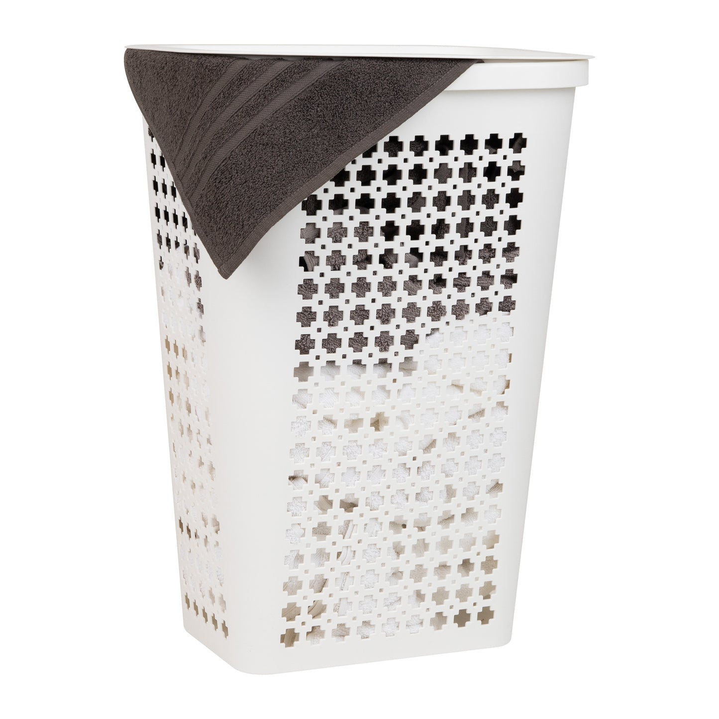 Mind Reader Slim Tapered Laundry Hamper with Lid, 50L Plastic Clothes Basket with Swiss Cross Cut-Outs, Lightweight & Ventilated Laundry Bin with Handles