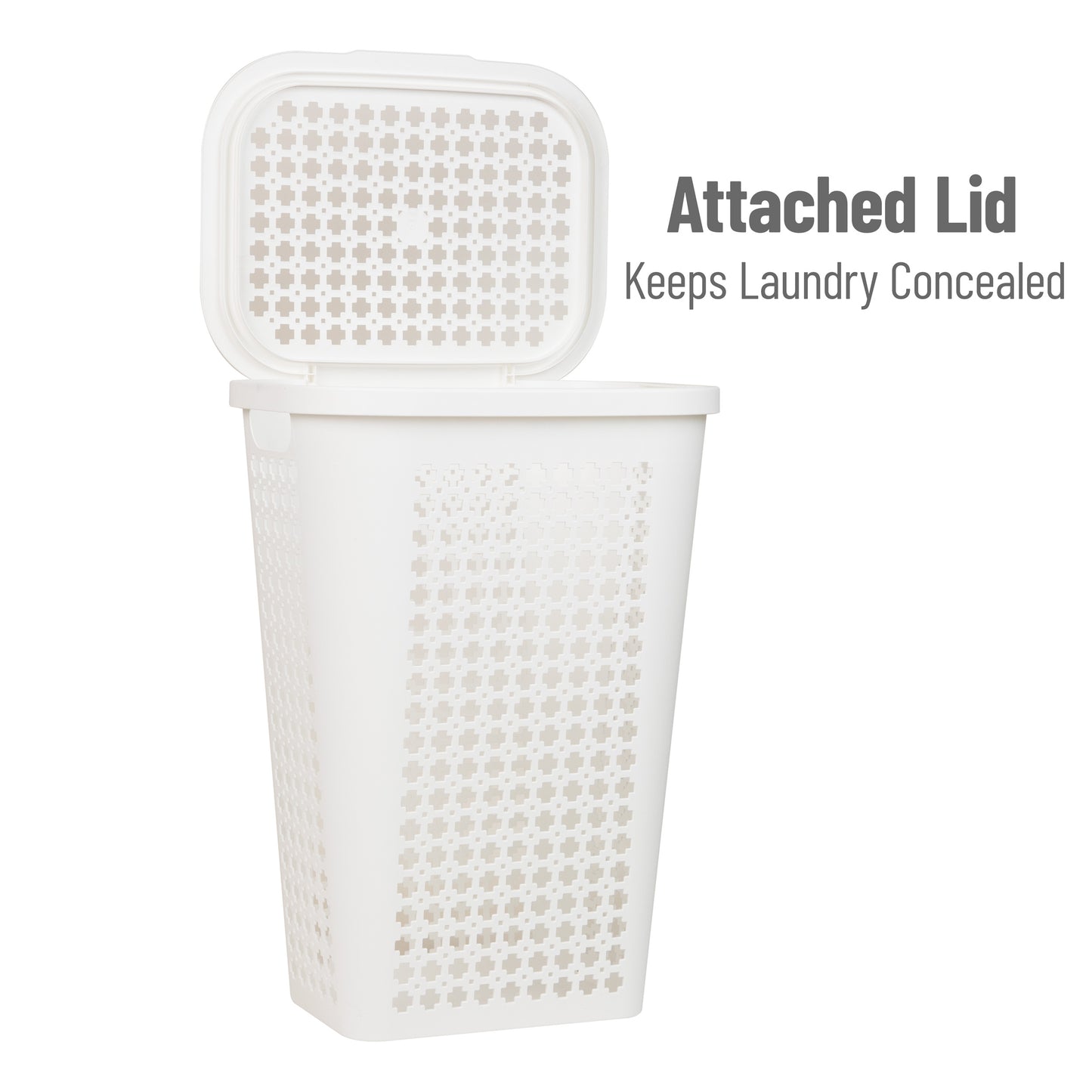 Mind Reader Slim Tapered Laundry Hamper with Lid, 50L Plastic Clothes Basket with Swiss Cross Cut-Outs, Lightweight & Ventilated Laundry Bin with Handles