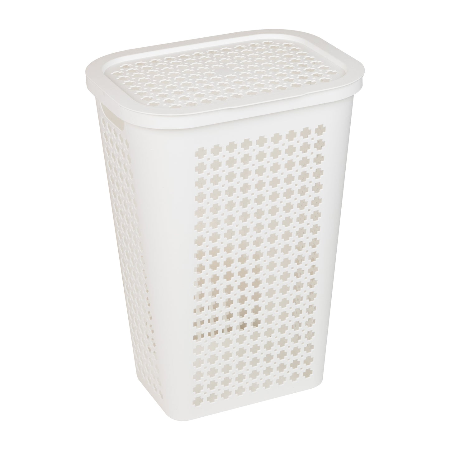 Mind Reader Slim Tapered Laundry Hamper with Lid, 50L Plastic Clothes Basket with Swiss Cross Cut-Outs, Lightweight & Ventilated Laundry Bin with Handles
