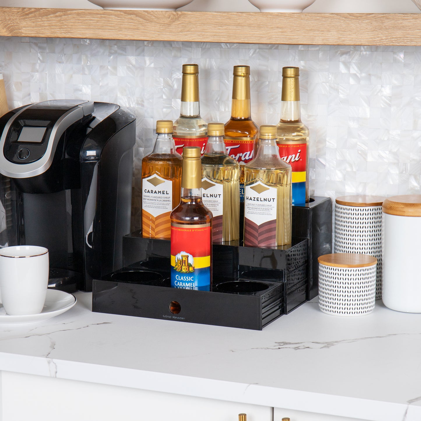 Mind Reader Coffee Syrup Station, Coffee Bar Accessories, Countertop Organizer, Acrylic, 14.25"L x 12.5"W x 7"H, Black