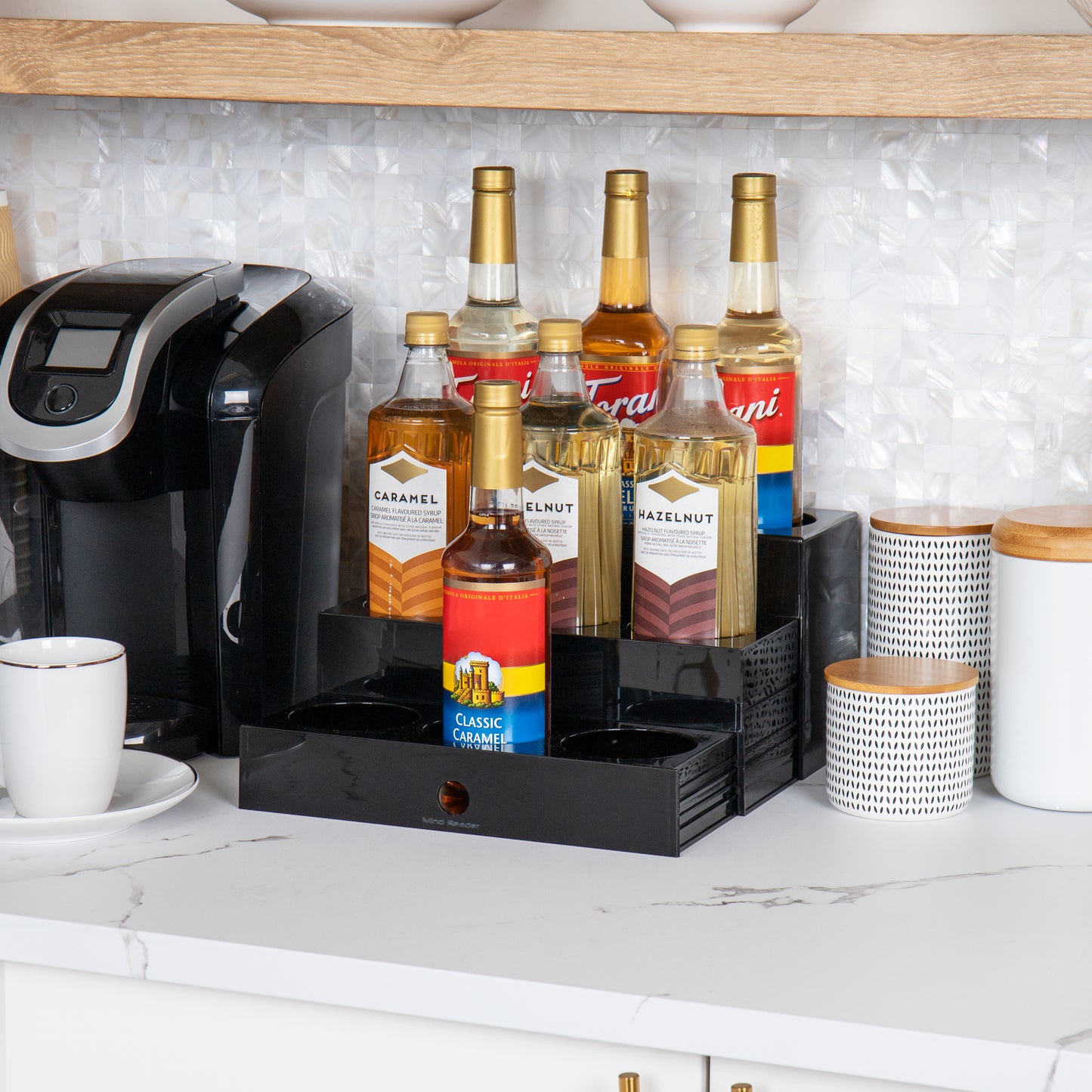 Mind Reader Foundation Collection, 9-Compartment Nested Syrup Bottle Holder, 9 Bottle Capacity, Countertop Organizer, Breakroom, Bar, Acrylic, Black