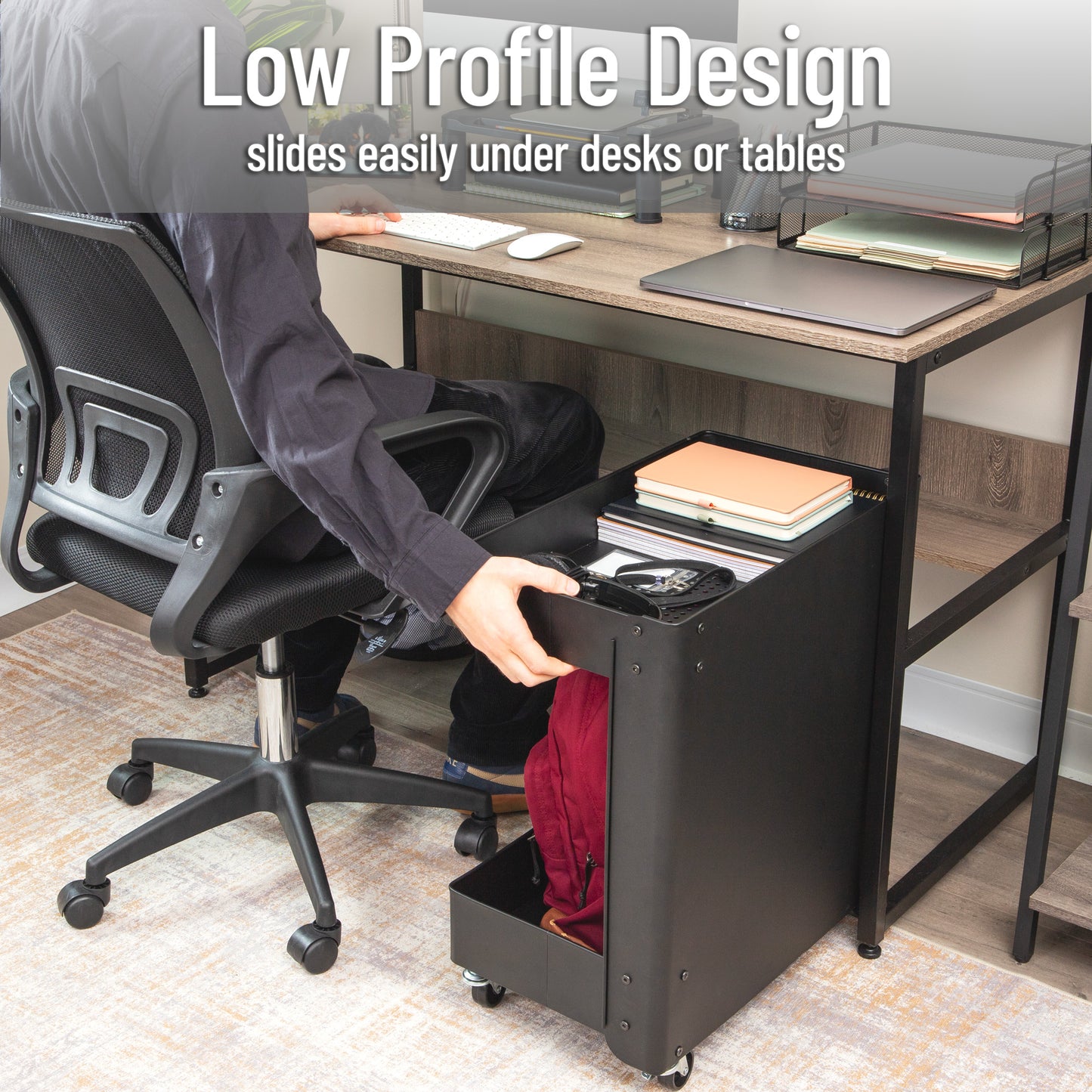 Mind Reader Under Desk Rolling Cart, 2-Tier Steel Utility Organizer, No Assembly Required, 12"L x 20"W x 23.5"H, Black