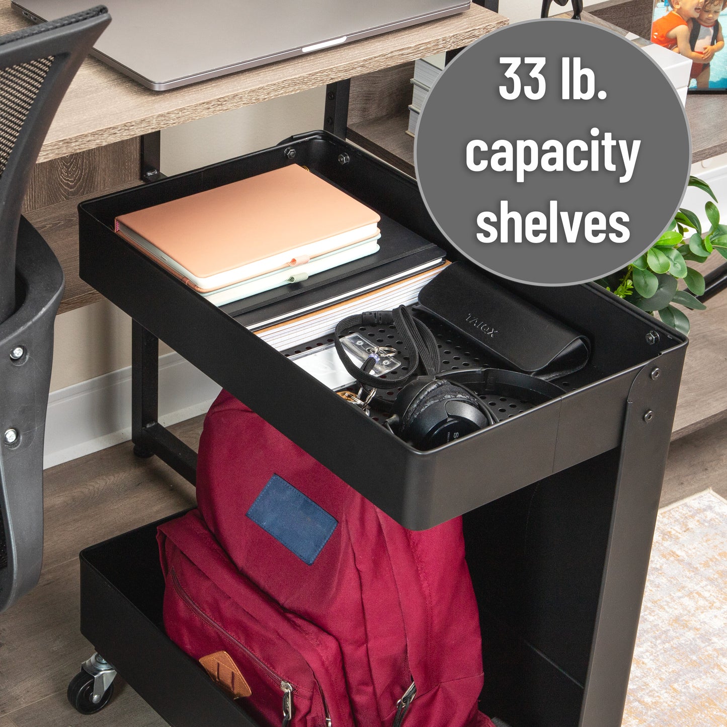 Mind Reader Under Desk Rolling Cart, 2-Tier Steel Utility Organizer, No Assembly Required, 12"L x 20"W x 23.5"H, Black