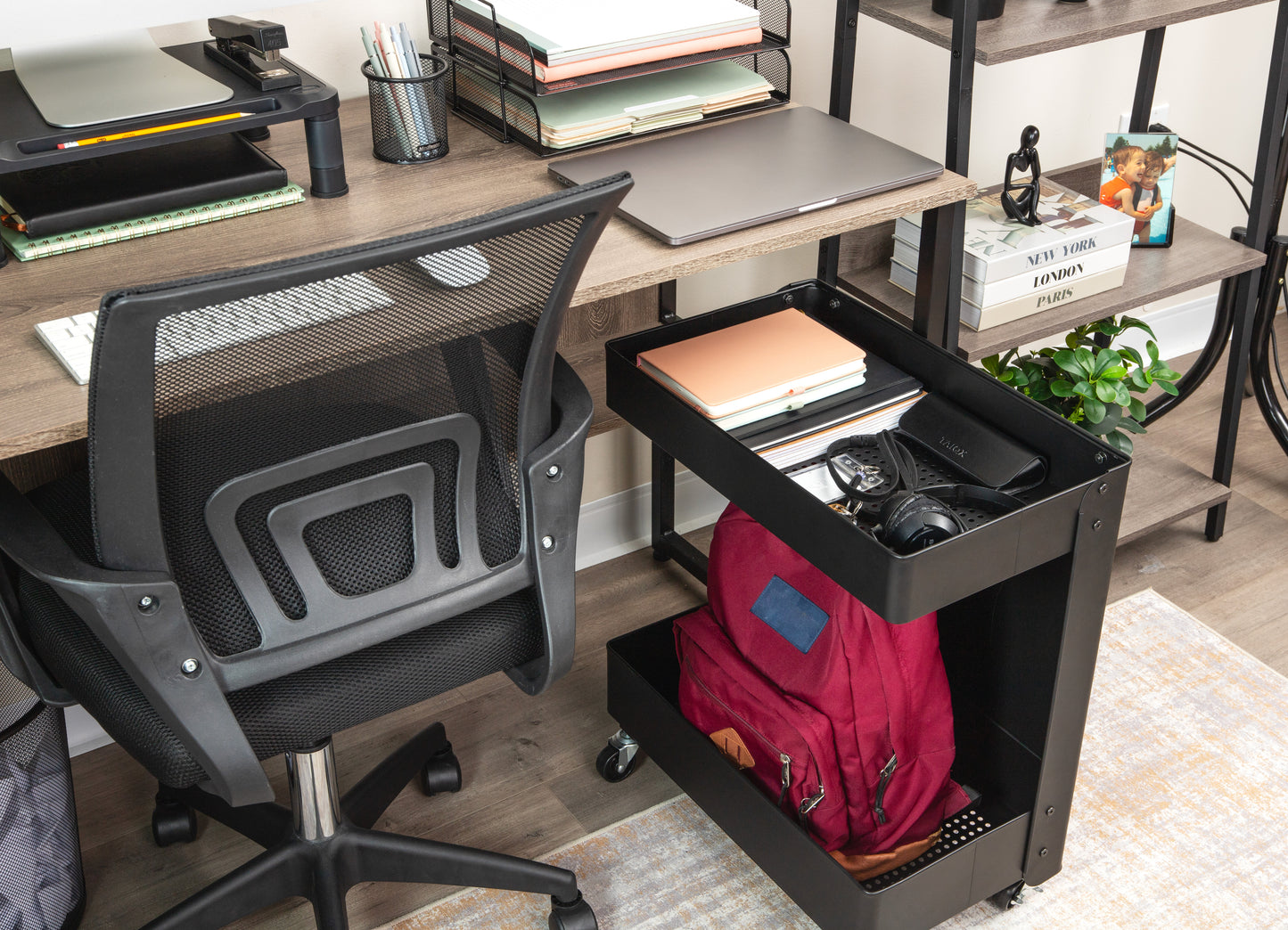 Mind Reader Under Desk Rolling Cart, 2-Tier Steel Utility Organizer, No Assembly Required, 12"L x 20"W x 23.5"H, Black